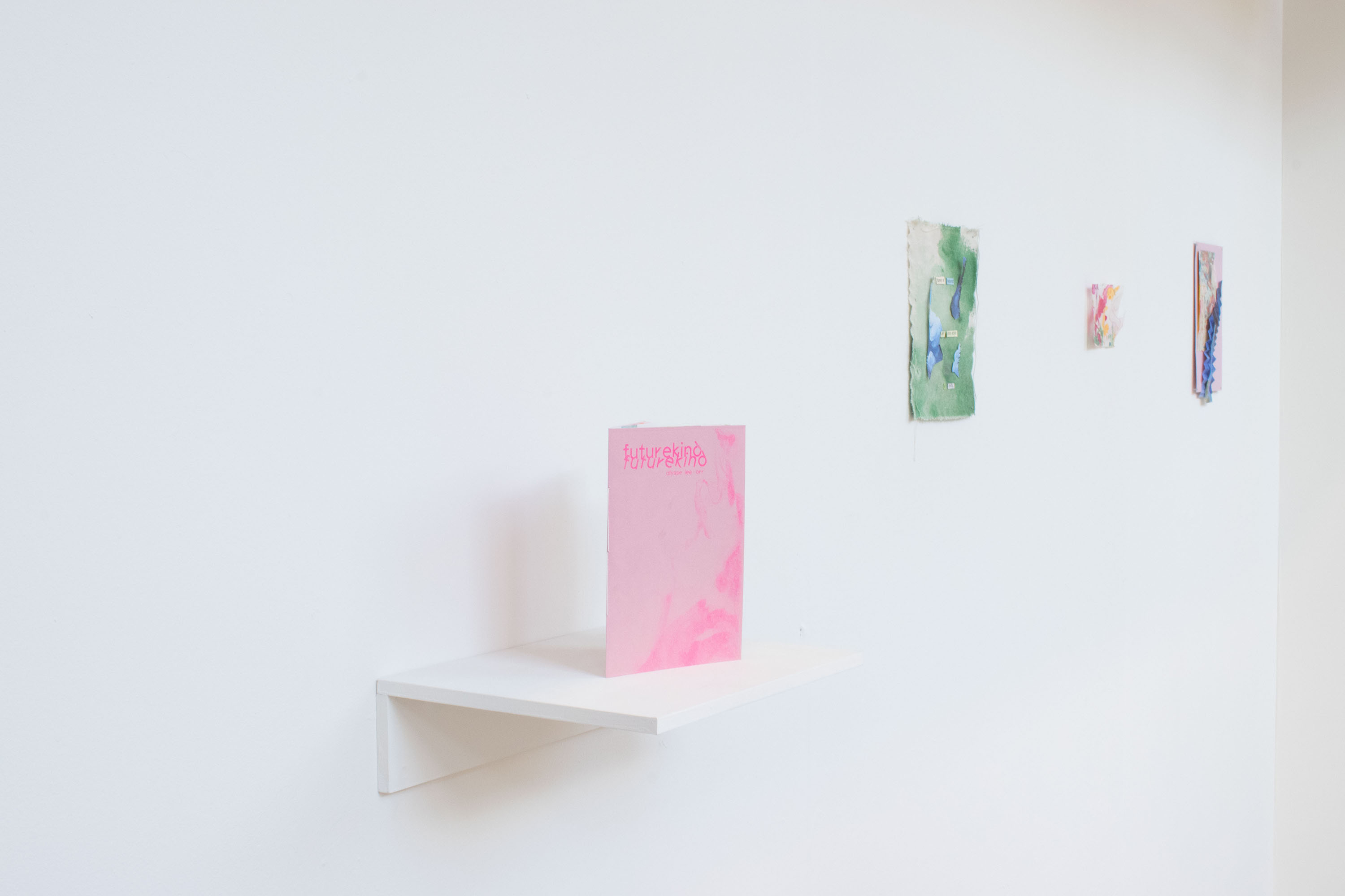 Installation image showing small book on a shelf and three small collages on the wall. 
