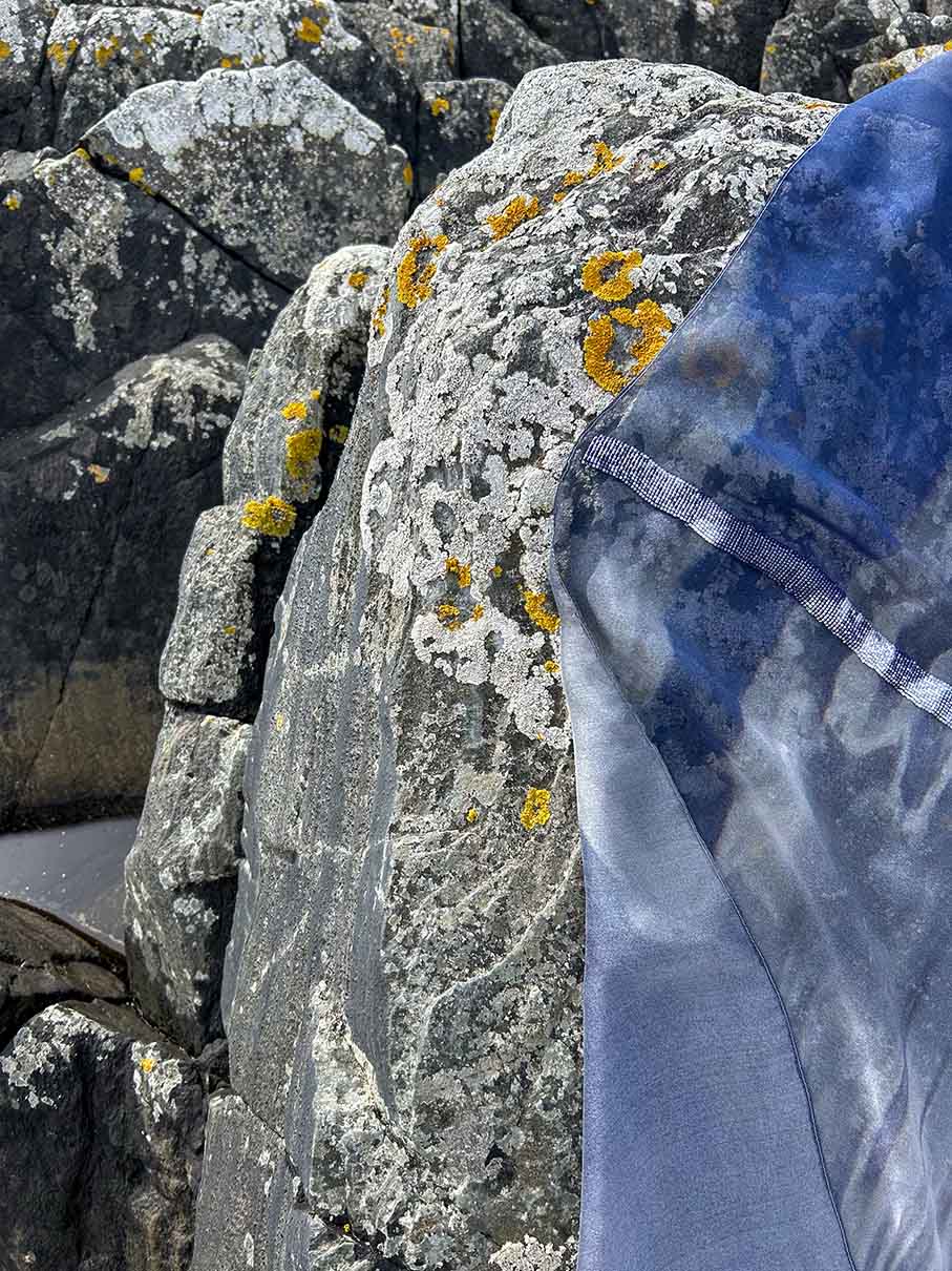 a blue beaded sample lying on a rock with yellow lichen on its surface