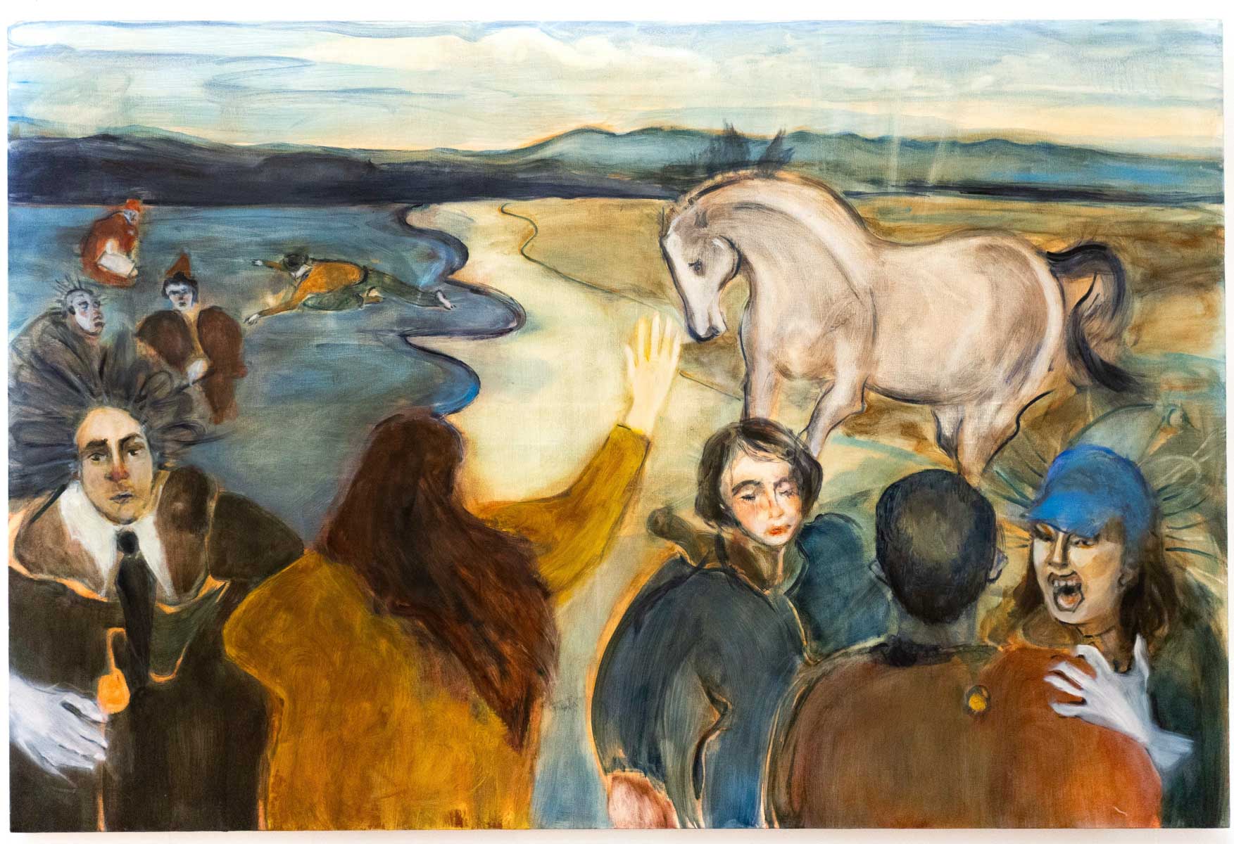 Figures including  clowns and innocent, youthful characters occupy a sea scape space, encircling a white horse. 