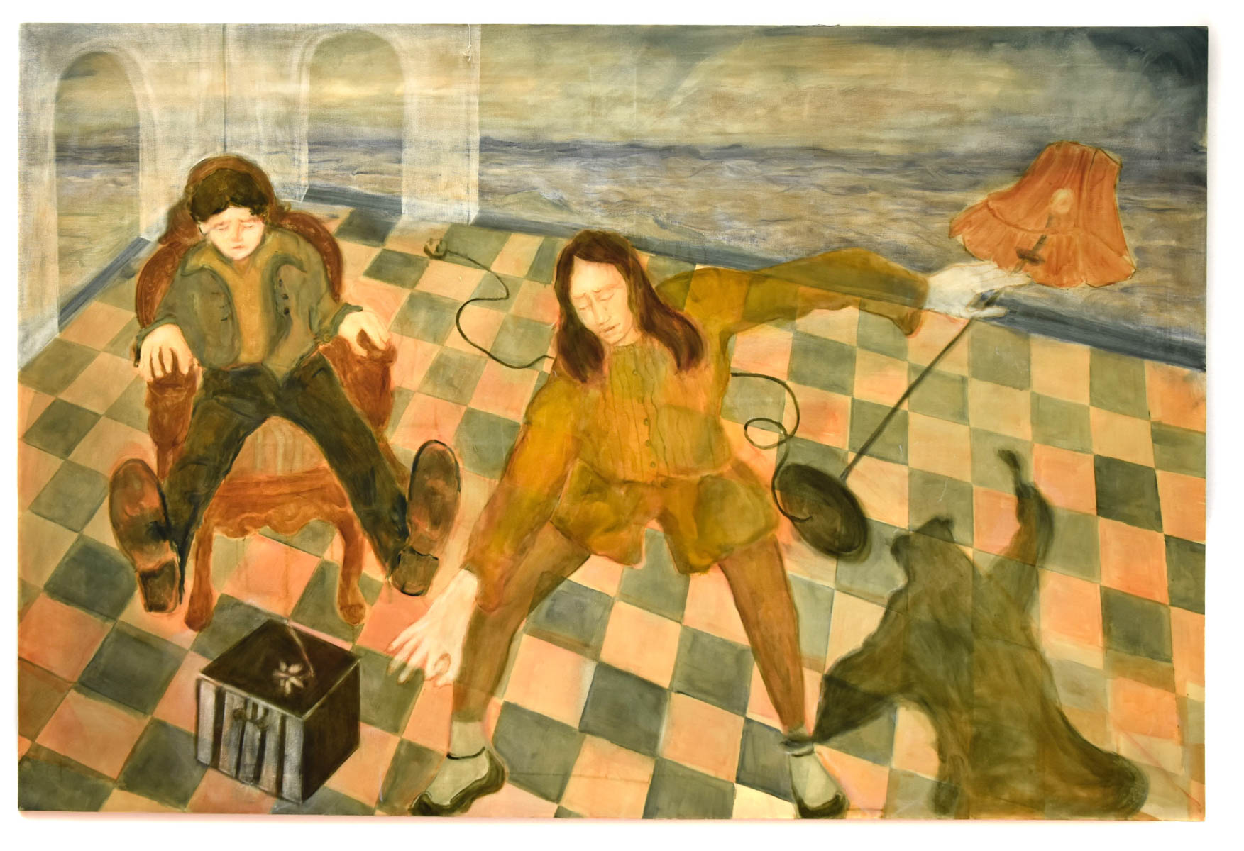 Oil Painting showing girl racing over to flick a daffodil off a box, brother in background kicking legs in air.