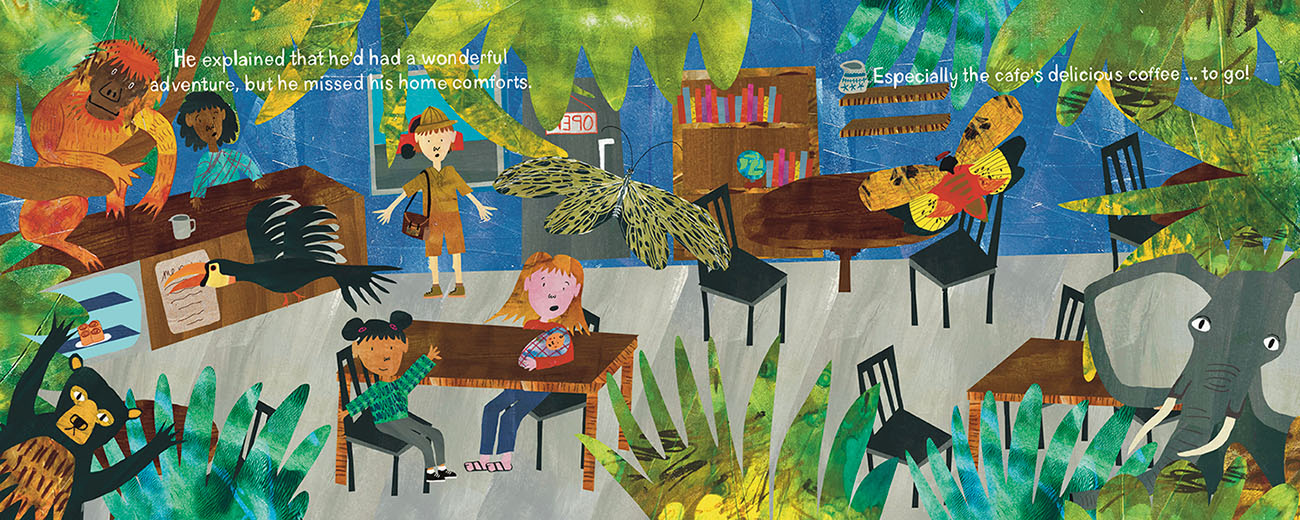 A book about a a jungle explorer sharing his adventure to the customers of a cafe.