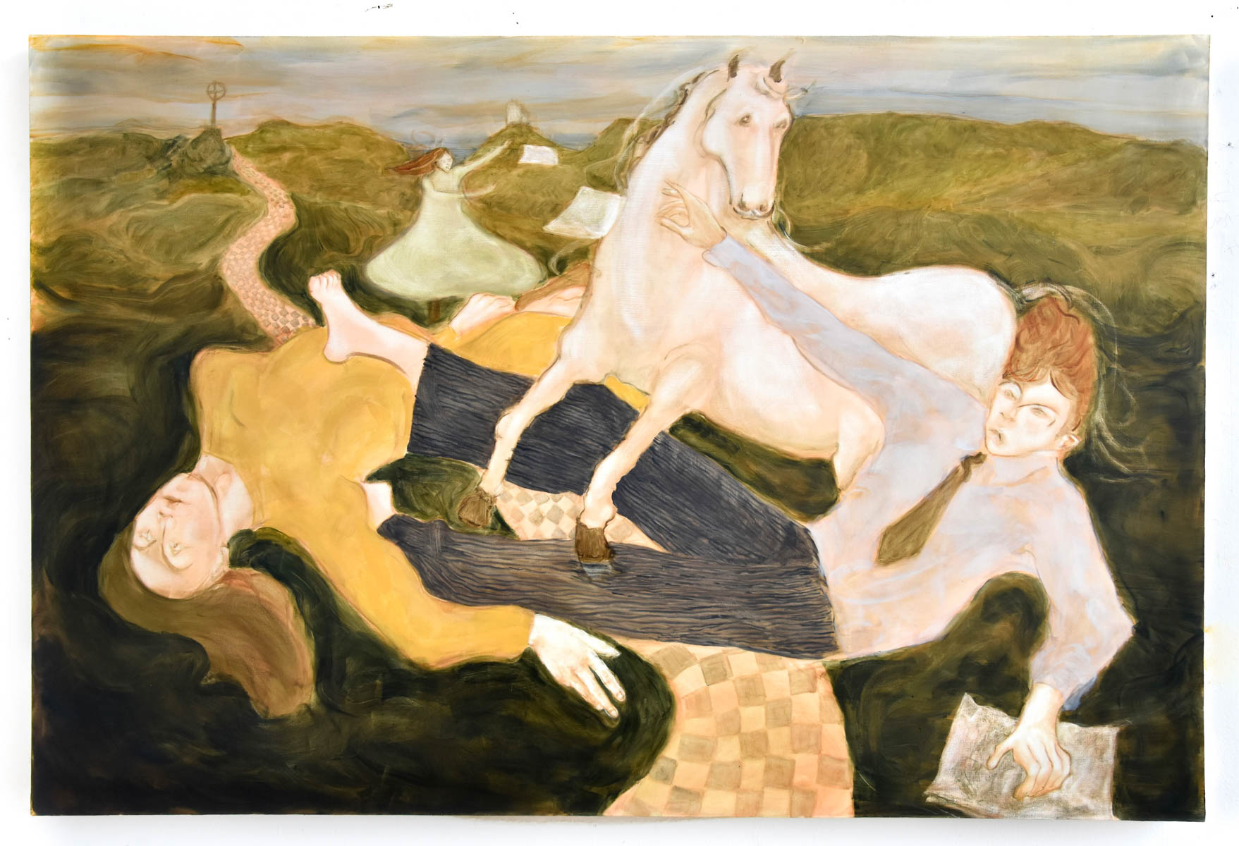 Two figures and a horse, tangled in a mountainous landscape.