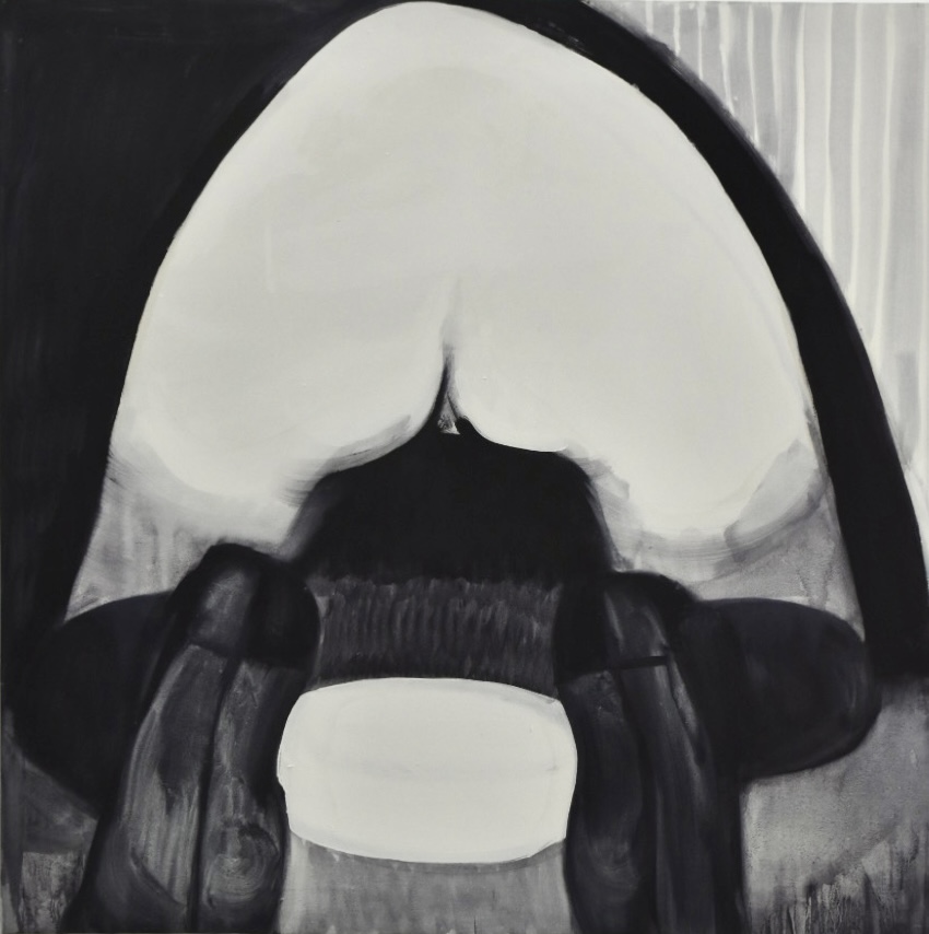 bum painting with a woman's stockinged feet in the foreground, a plate underneath the woman's bum, black and white painting 