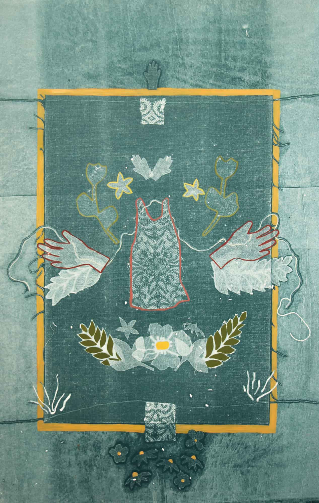Blue mono-print portraying dress in the middle surrounded by hands and flowers