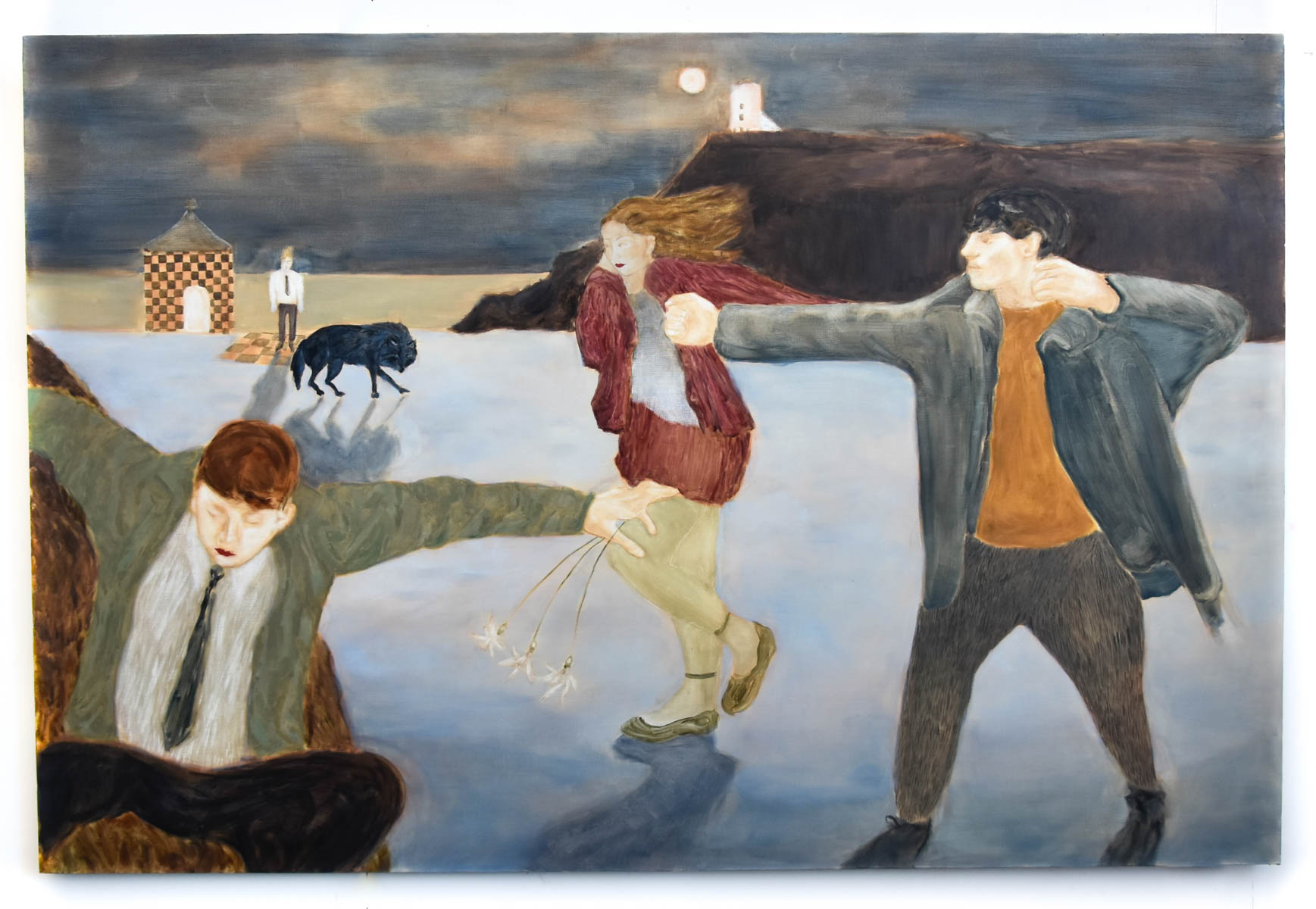 5 Figures and a wolf in a seascape. Boy on right aiming (imaginary) bow and arrow at wolf, boy to left  jumping out of scene, has red lips. Girl in centre is running scared fro wolf, also with red lips. Man towards back, stats in office suit, paralysed on a chequered board before a chequered house, scared of wolf. 
