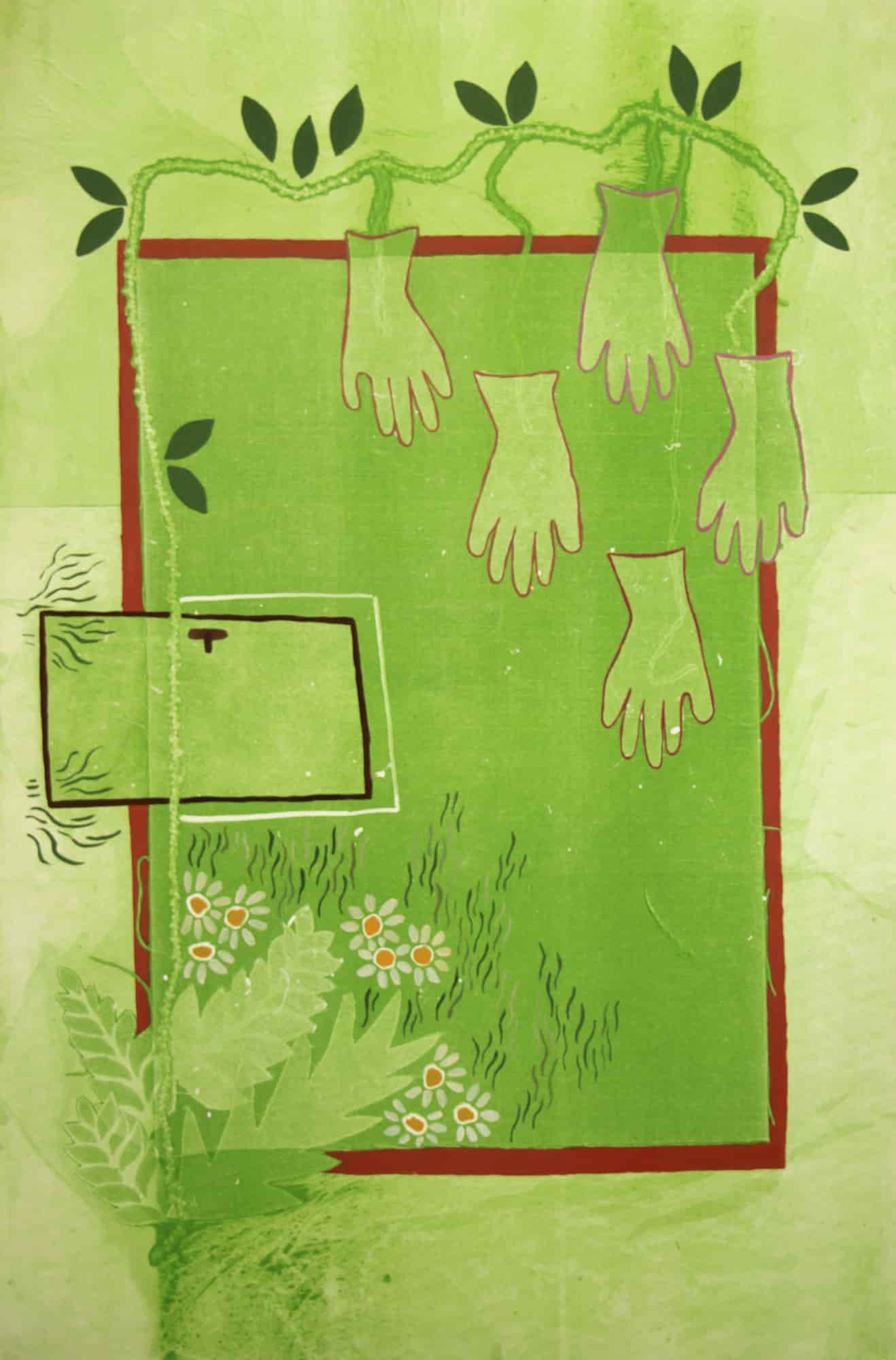 Bright green mono-print portraying hands and a plant 