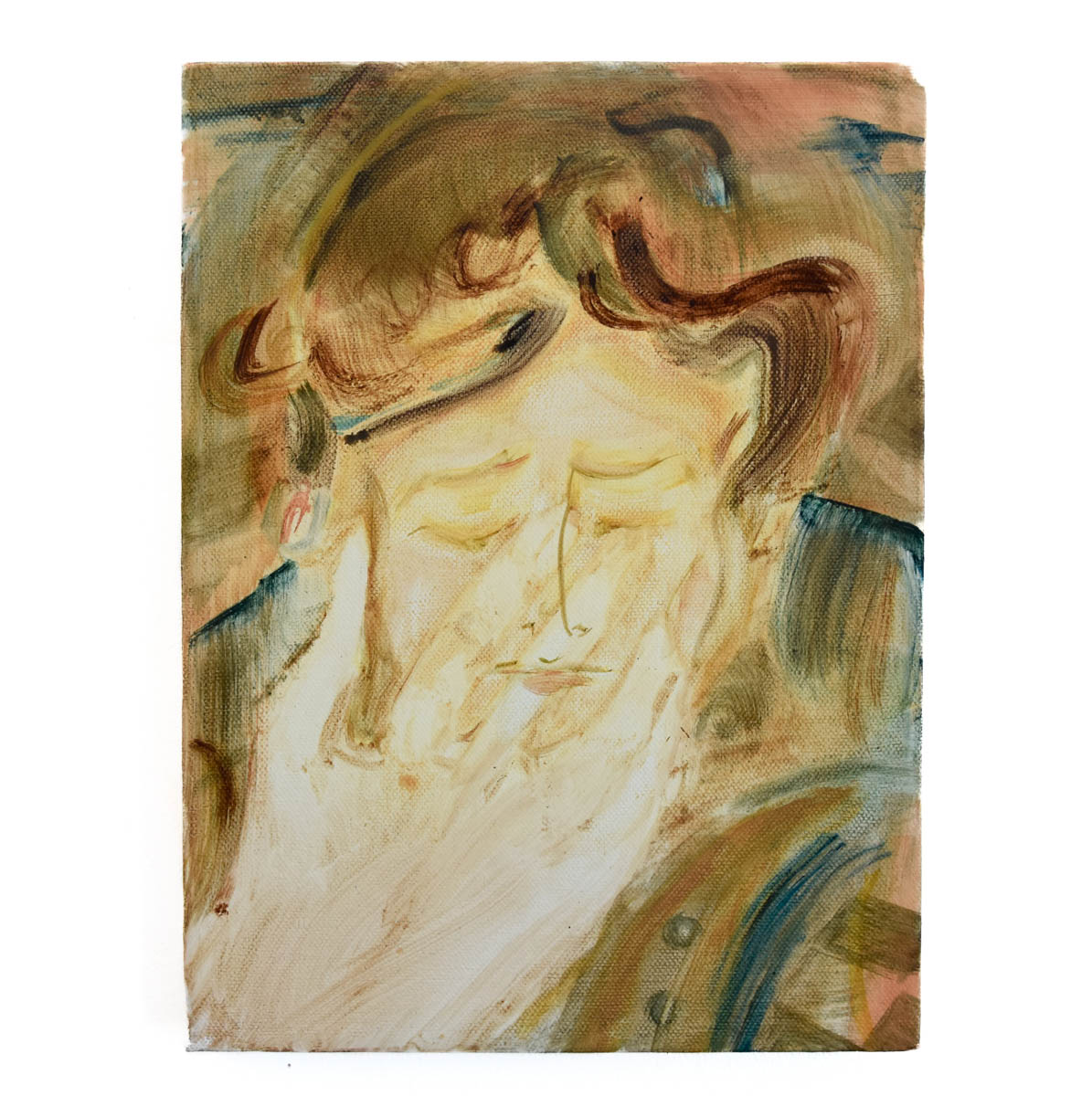 Oil painting of a boy reaching hand to face with eyes closed.