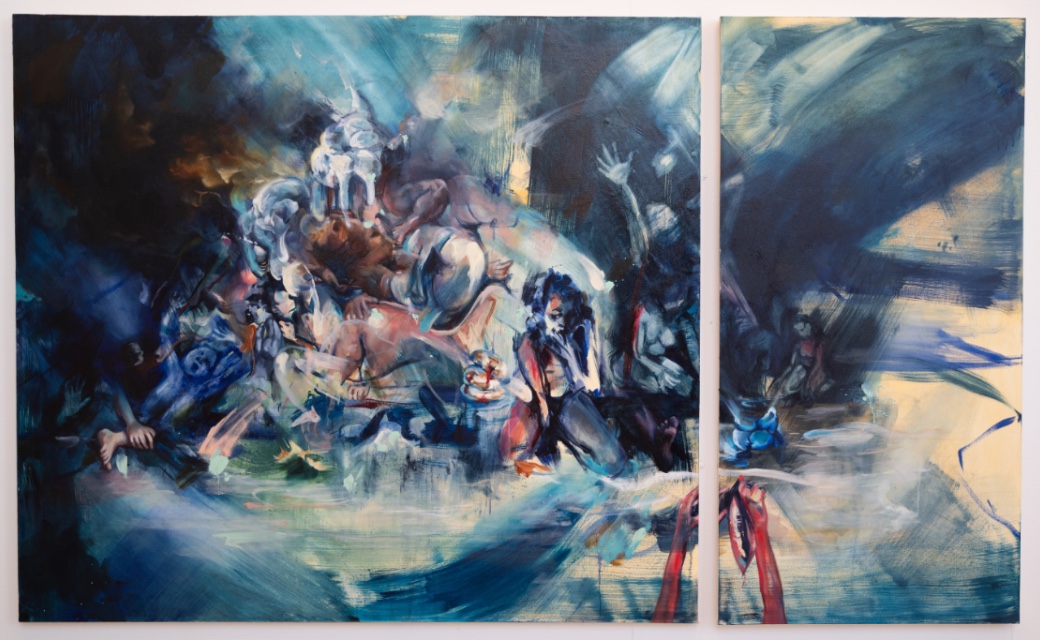 Big strokes of blue and abstract figures explode out the middle