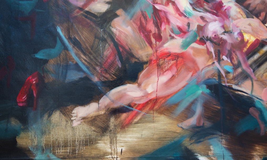 Close up of the painting showing brushstrokes and a leg