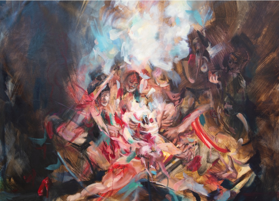 A close up detail of the painting ‘A Communion of Cravings’ where abstract brushstrokes and forms grab at cake.