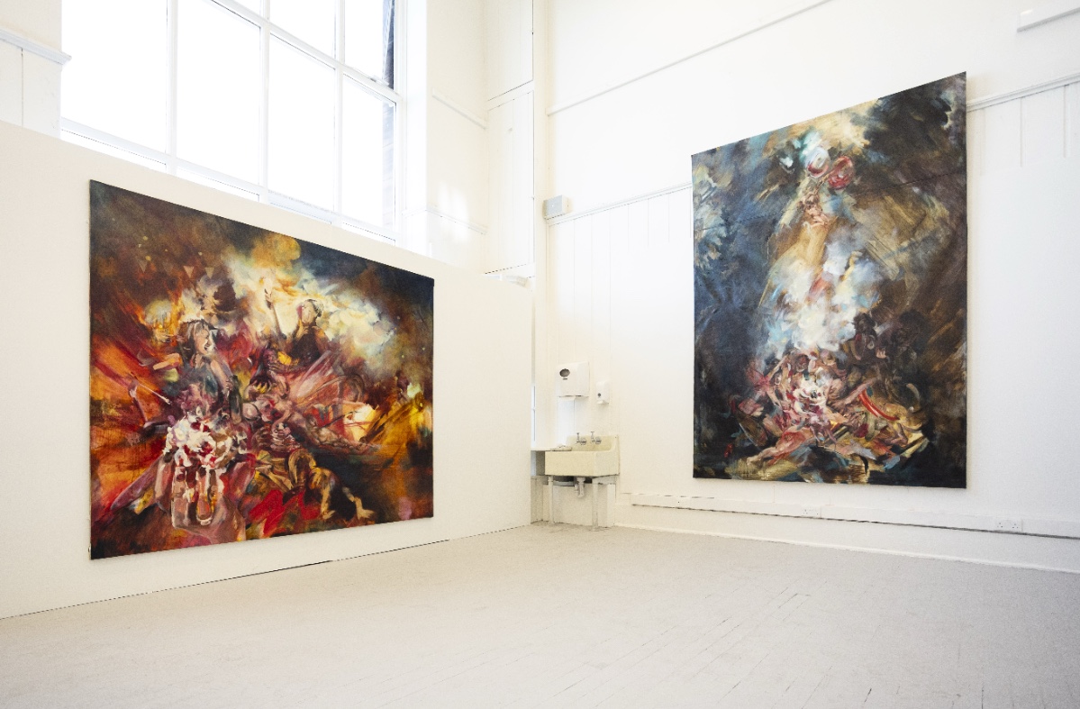 Graduate show install shot shoring two paintings