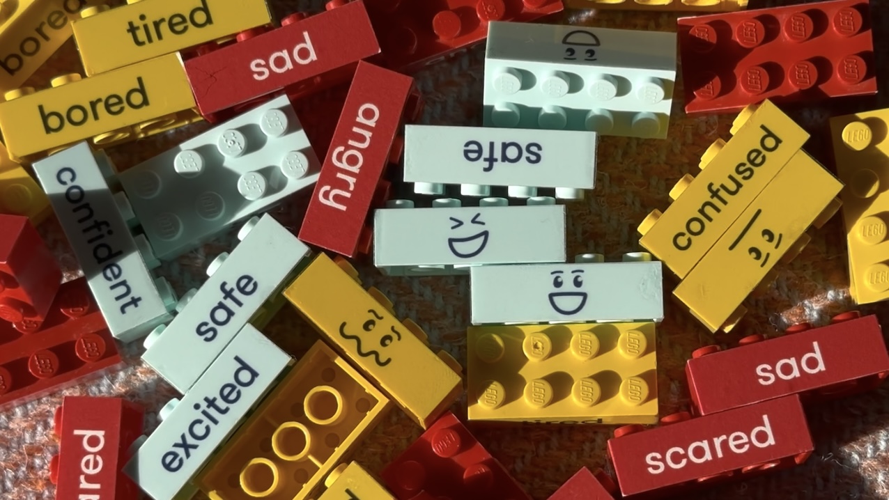 Coloured Lego bricks with words and facial expressions on