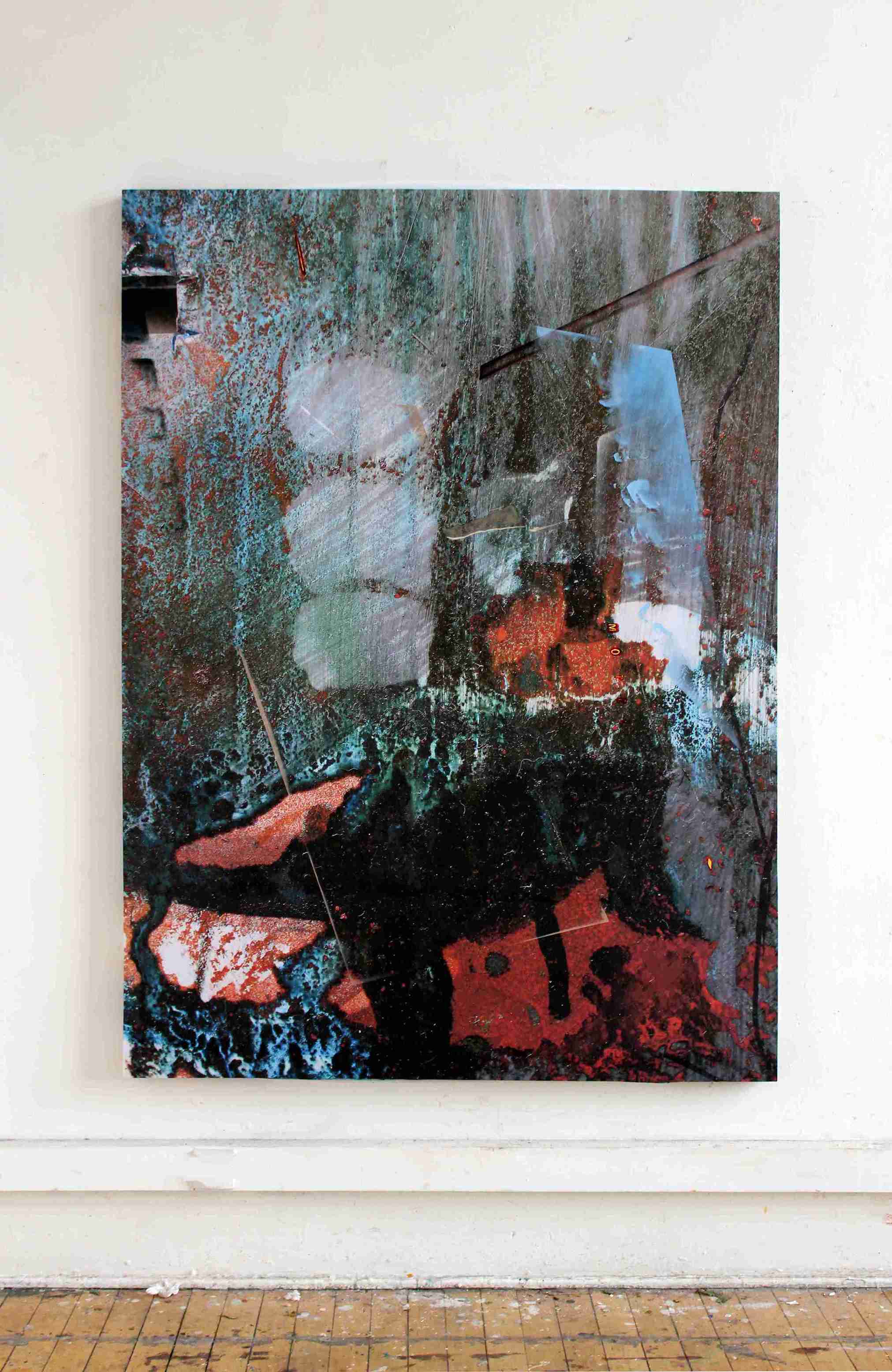 large black, red, and blue abstract architectural painting