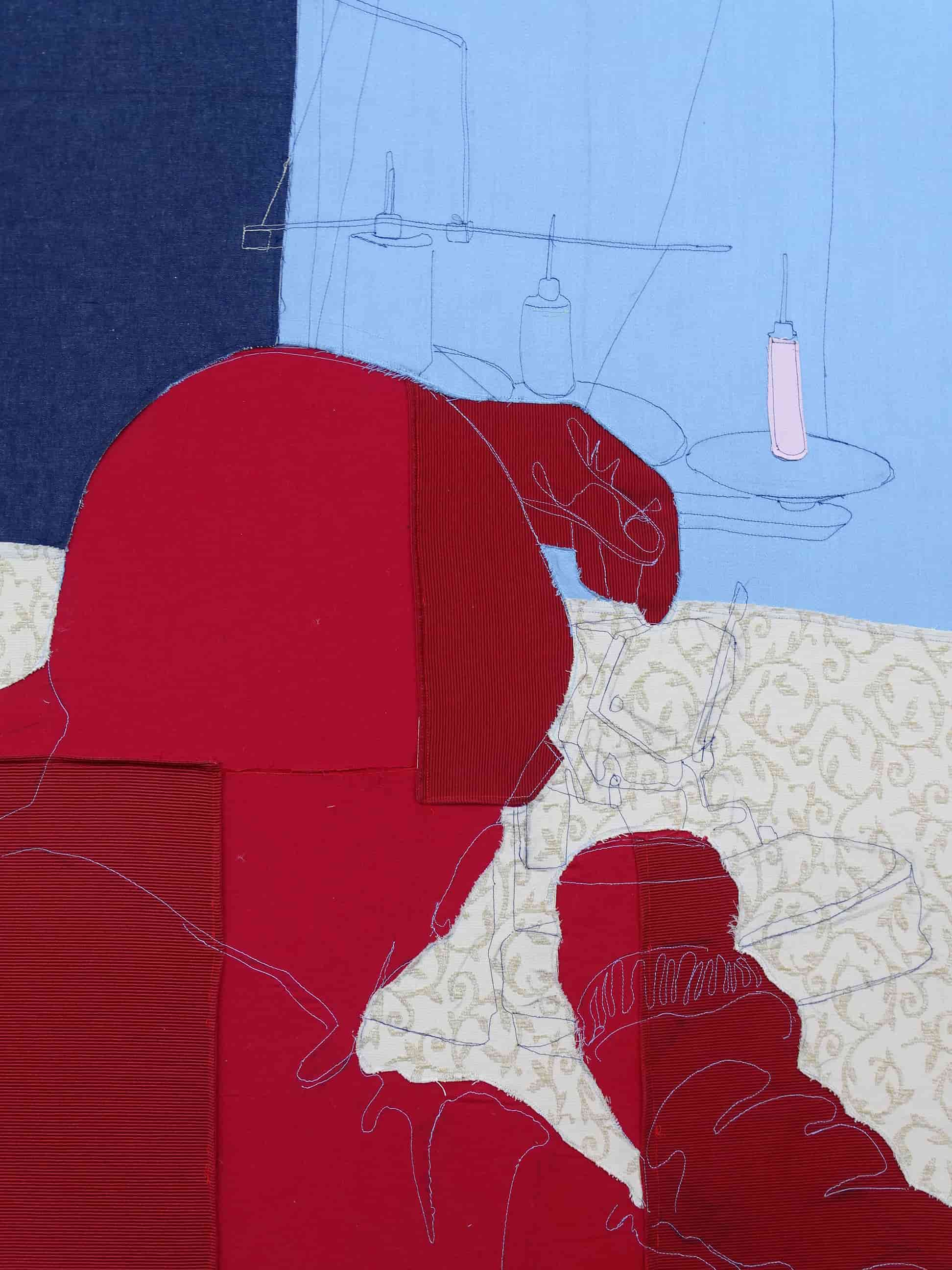 ‘Labour of love’ Panel 1 of Fabric piece showing craftswoman using an Interlocker Machine