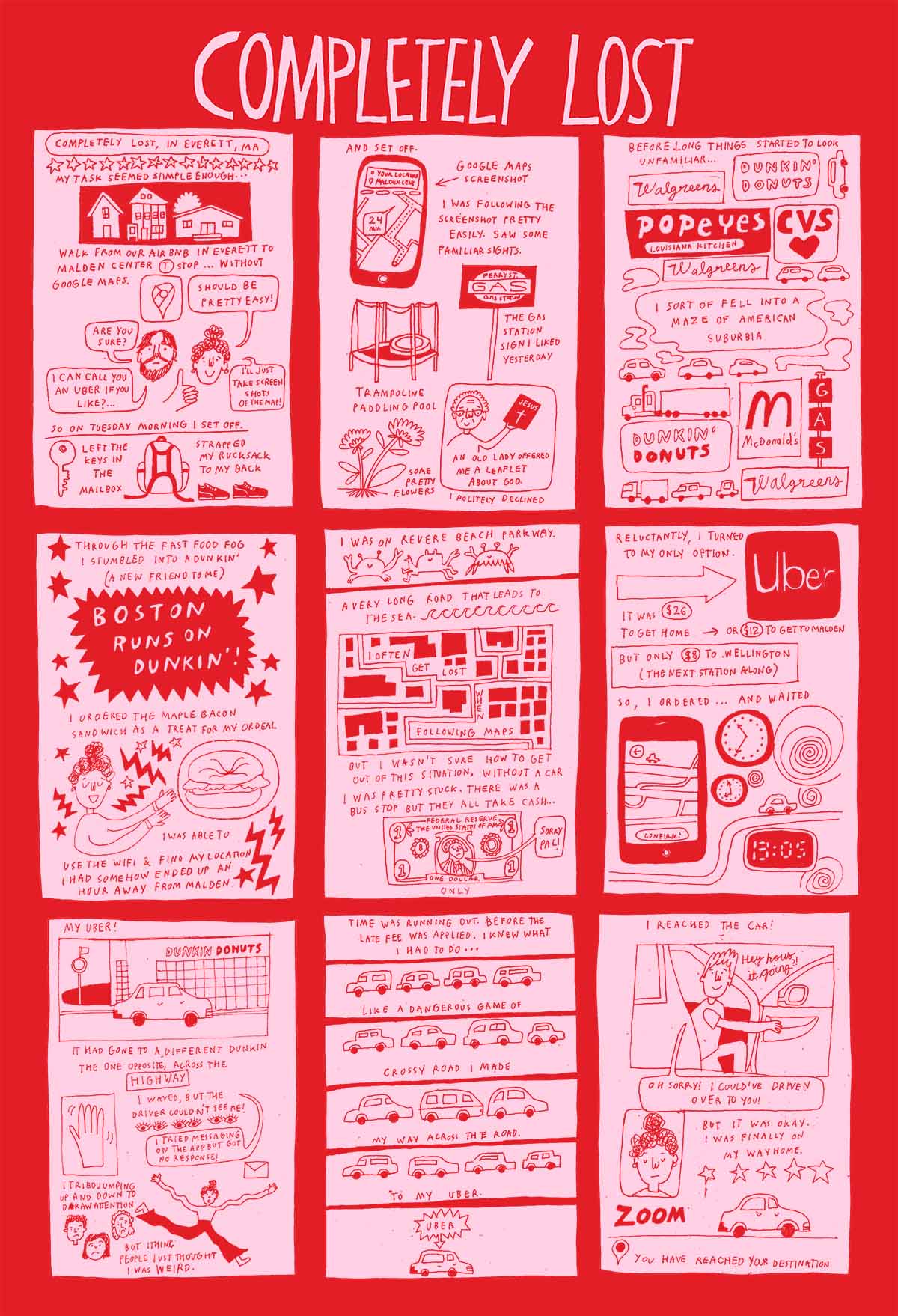 A red and pink illustrated comic about getting lost 