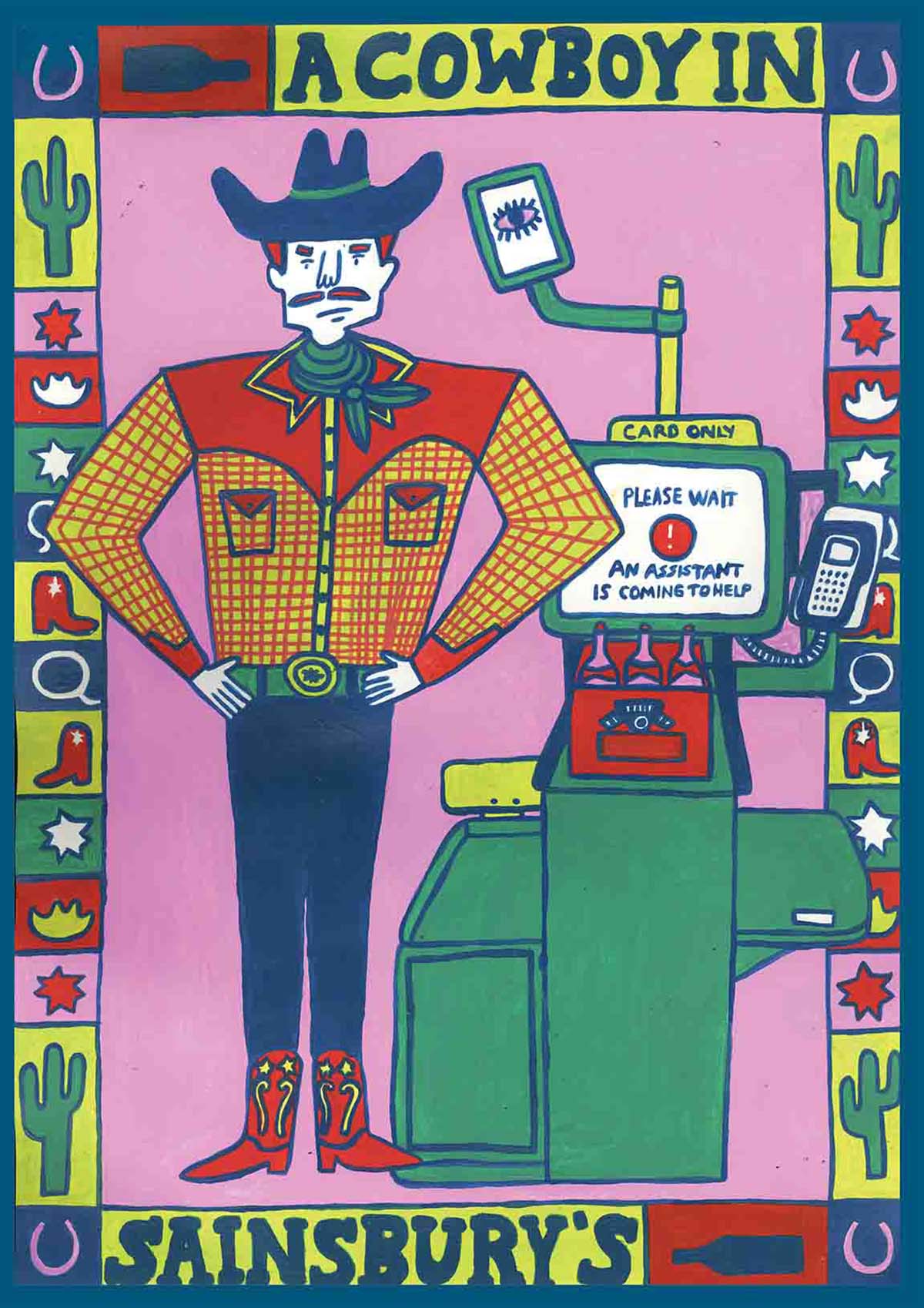 A colourful painting depicting a cowboy and a self service checkout machine in a supermarket with a decorated border