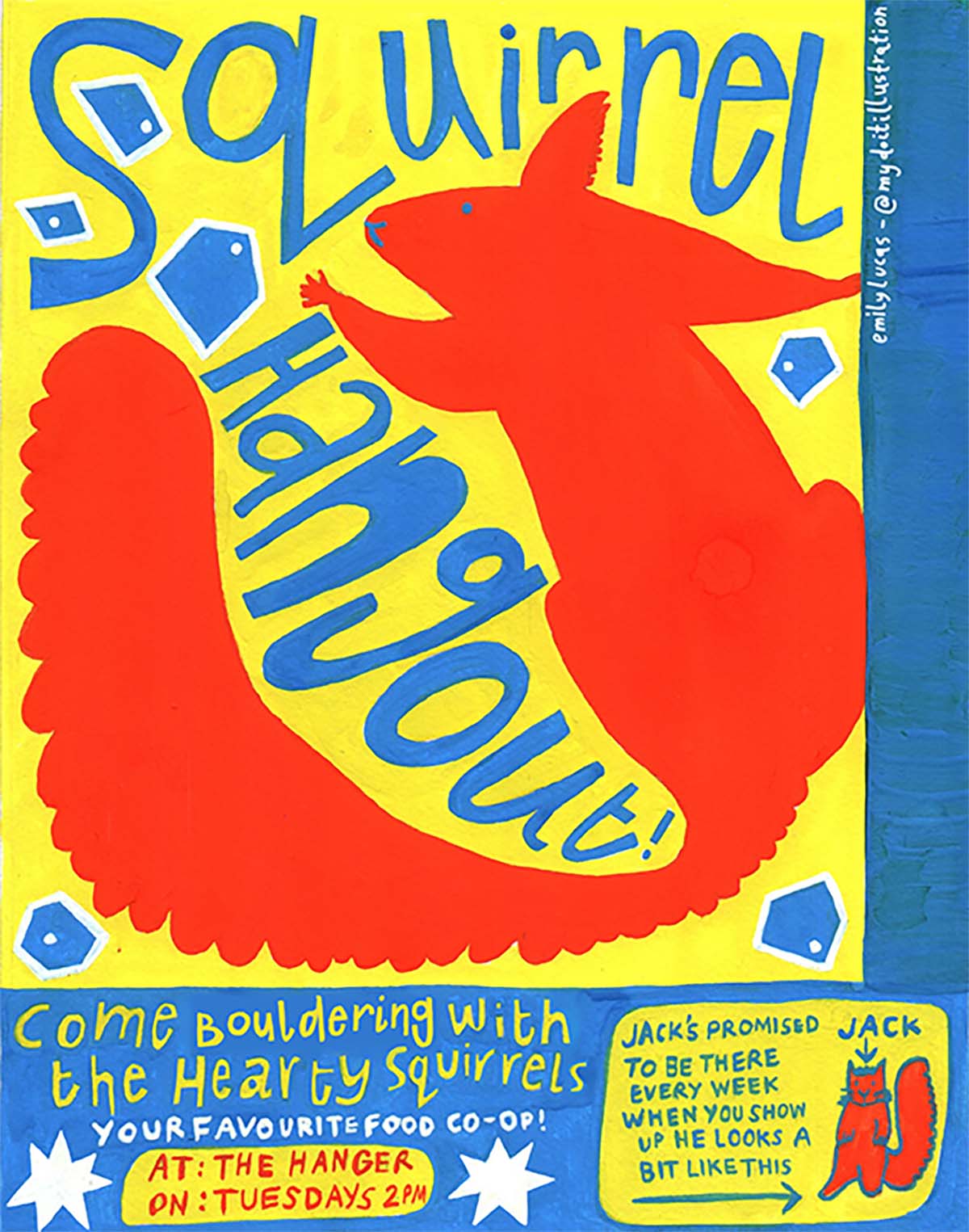 poster of a squirrel in orange, blue and yellow