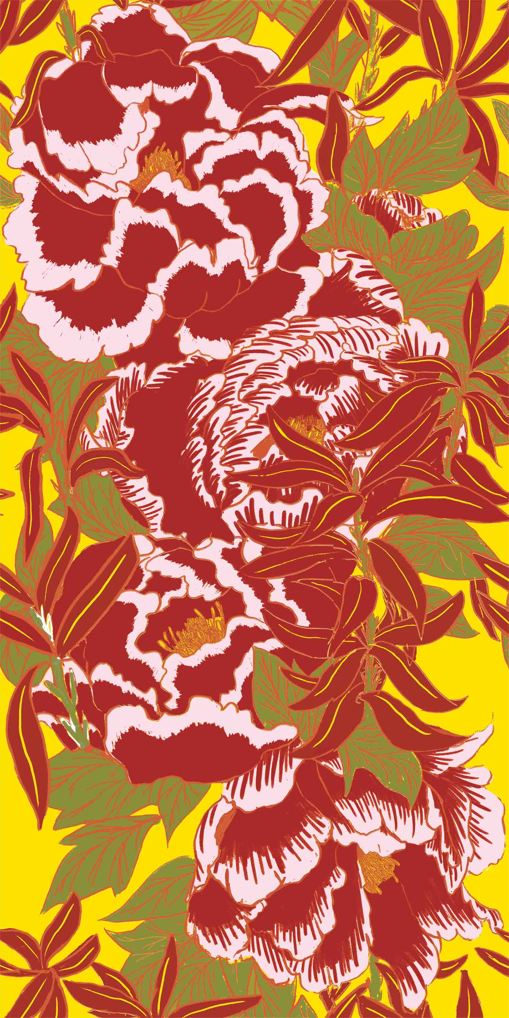 A 4-layer screenprint of peonies in foliage, inspired by Japanese chiyogami paper and the gardens near my home in Edinburgh.