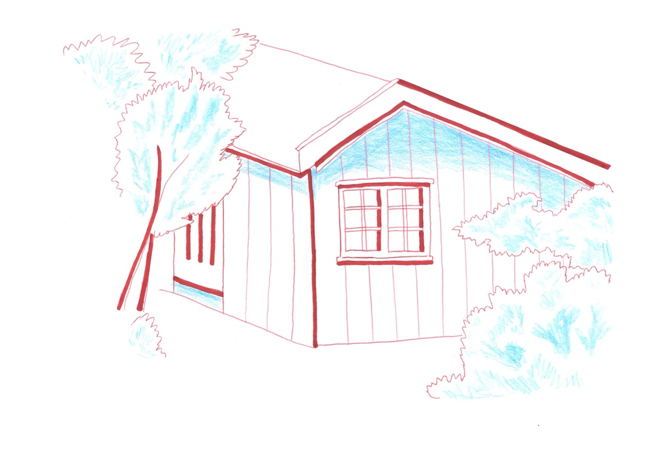 Illustration of cabin for poetry collection, 2024