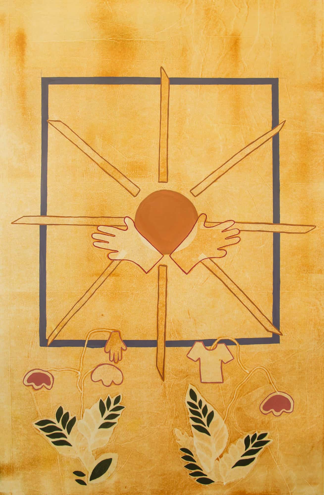 Orange mono-print portraying sun