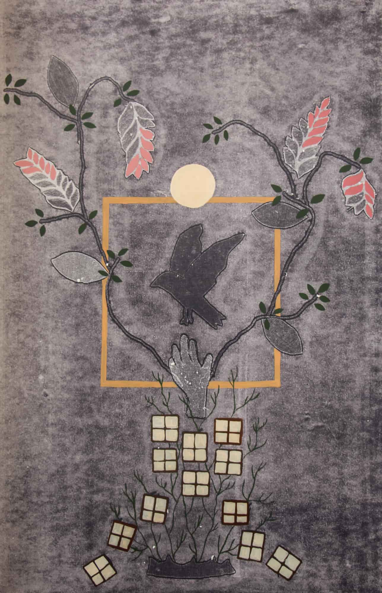 Purple mono-print portraying a bird in the middle