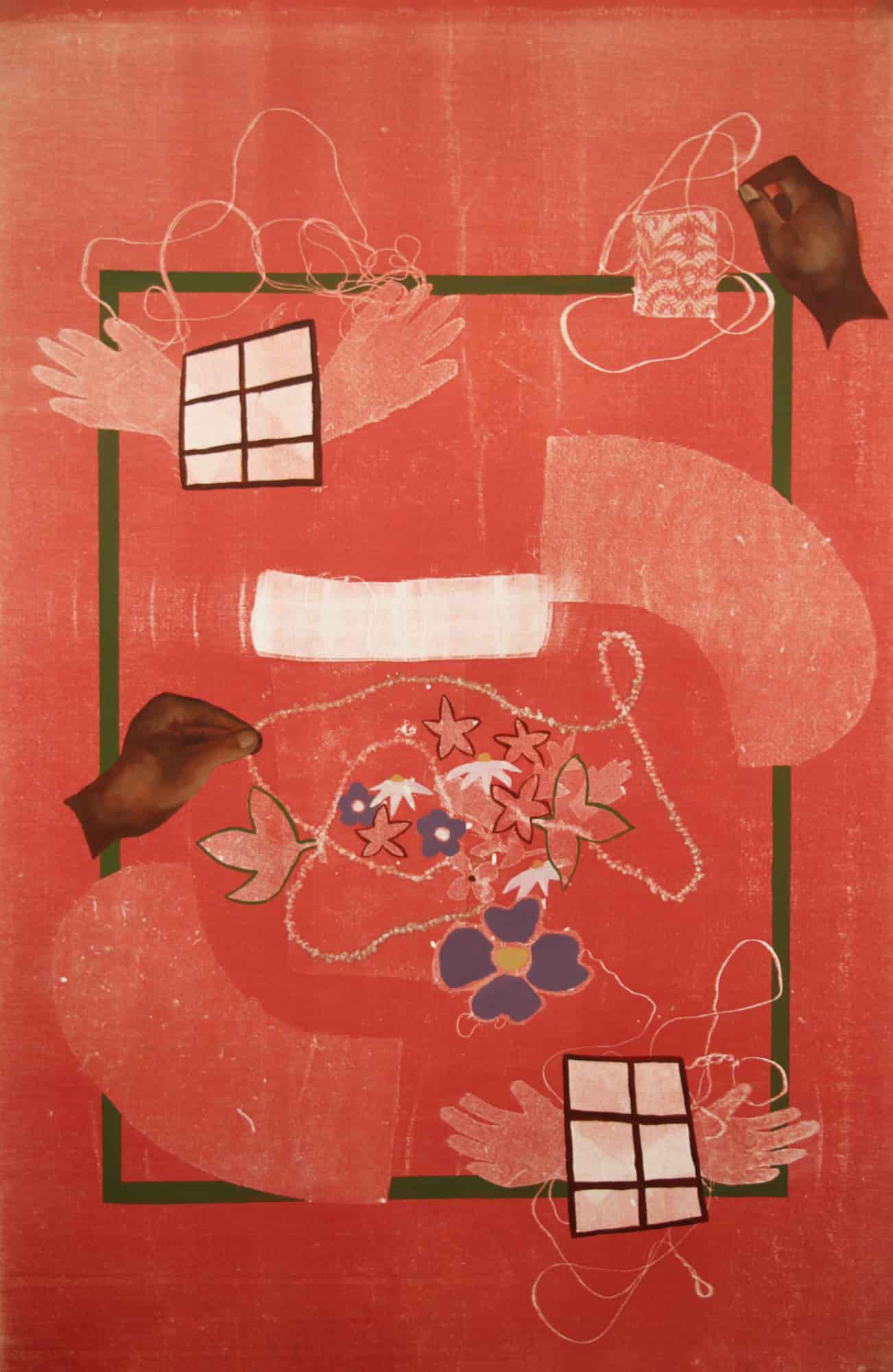 Red mono-print portraying windows and hands