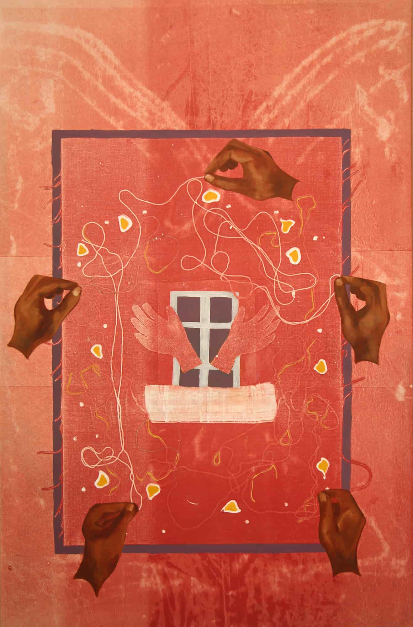 Red mono-print with window in the middle and five painted hands