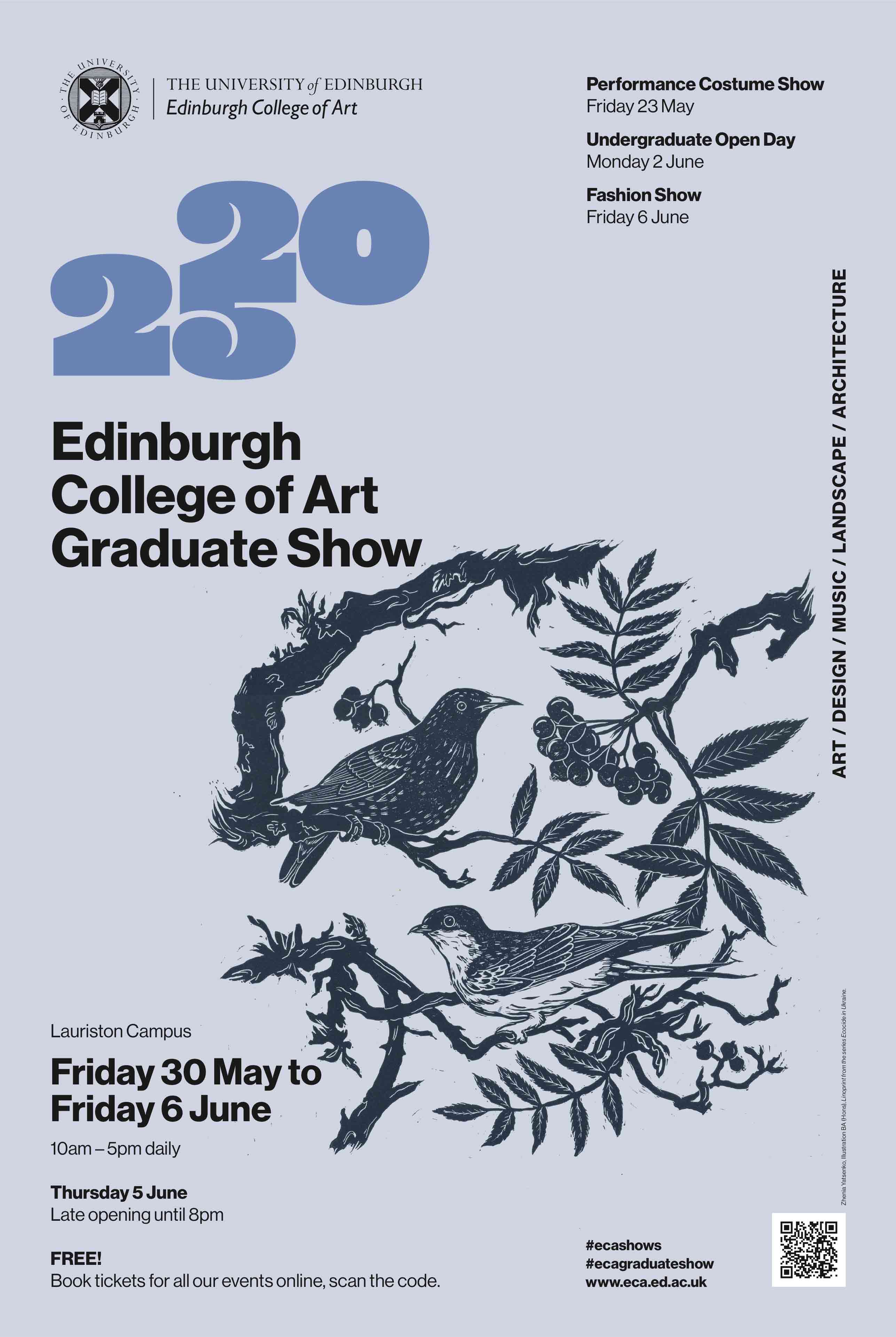 Poster for the 2025 Edinburgh College of Art Graduate Show, featuring an illustration of two birds on branches with berries and leaves. 