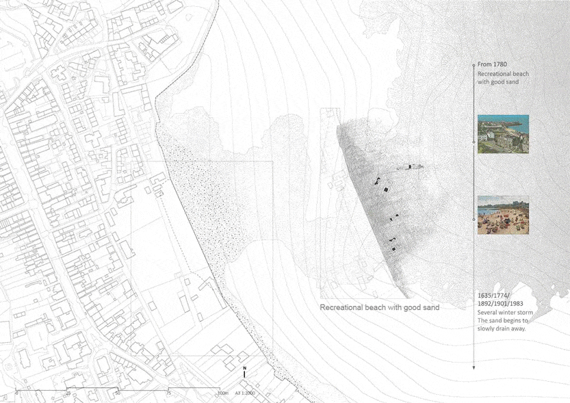 Animated diagram showing the dynamic transformation of East Beach, Dunbar, from the late 18th century to the present. The map traces the shoreline’s gradual loss of sand due to repeated winter storms, transitioning from a once vibrant recreational beach with good sand to a visibly eroded coastline. Historical photographs and timeline annotations on the right emphasize the contrast between past and present conditions, highlighting the ongoing coastal erosion.