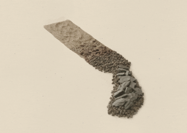 Model of the Erosion Pocket Garden——Sand gradually erodes, disappearing grain by grain under persistent wave action. Initially, fine sand gives way to a coarser mix of sand and gravel, creating an uneven surface shaped by continuous water movement. Over time, larger stones move in and establish themselves firmly, stabilizing the area against further rapid change