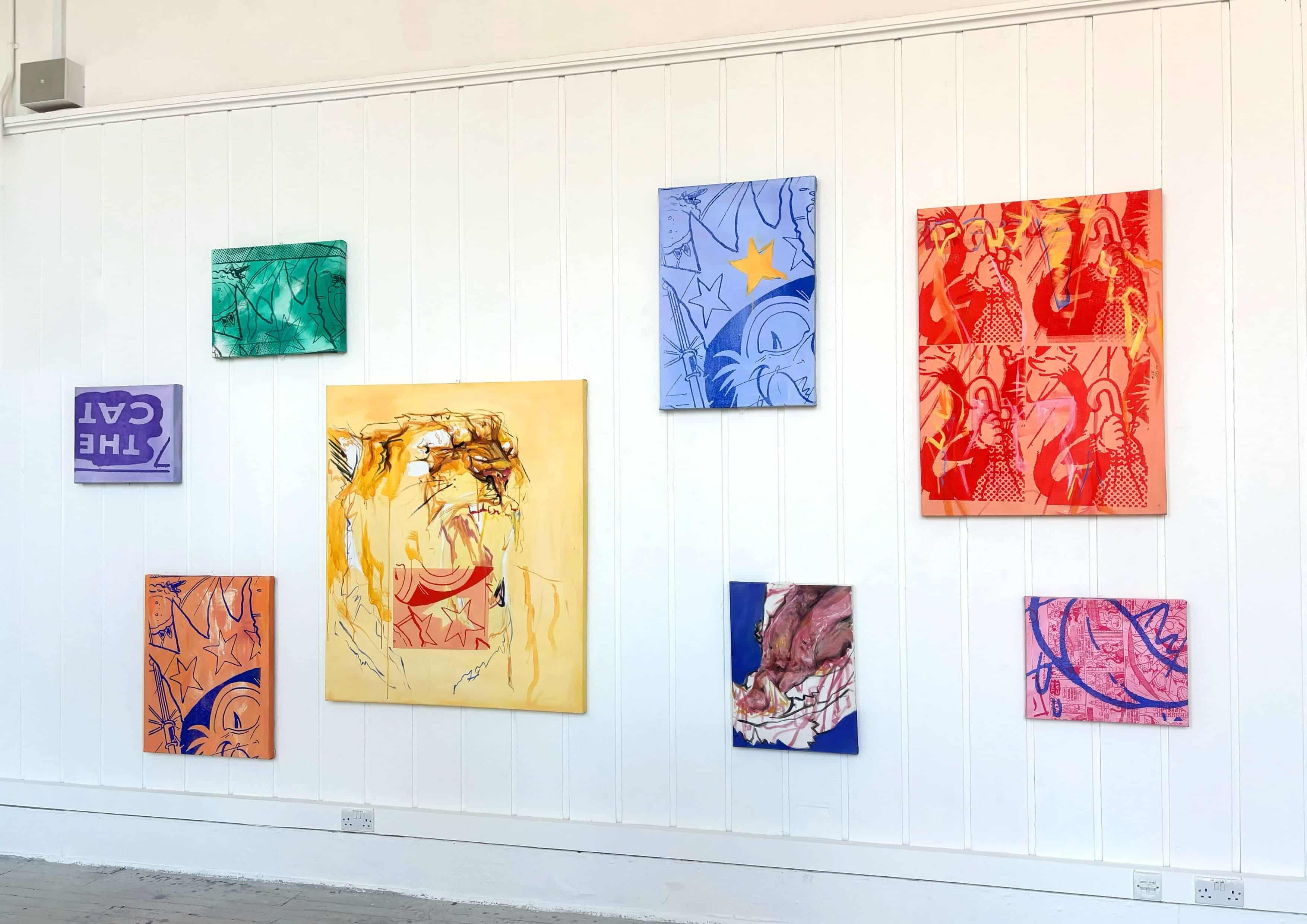 graduate show series of 8 paintings collages comprising on screen printing and colour blocking