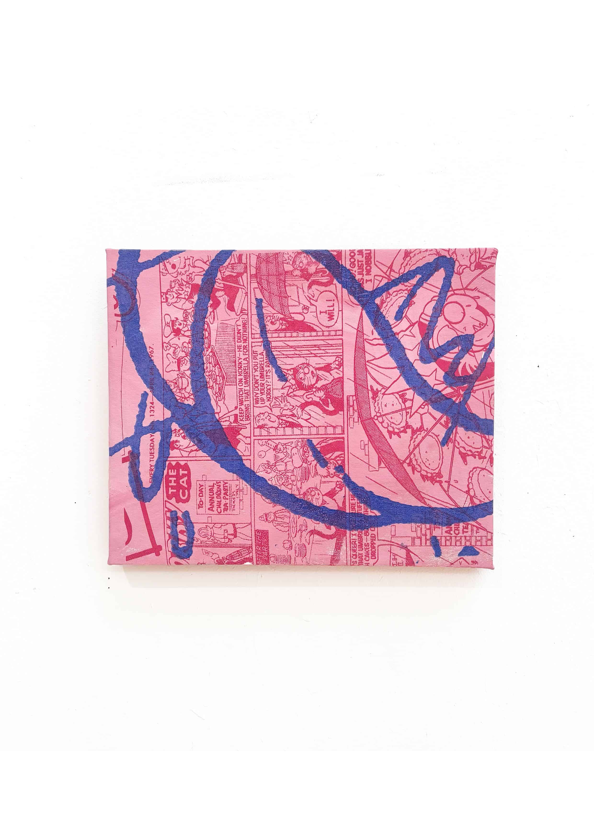 Blue comic cat tongue on canvas screen print layered on pink comic screen print 