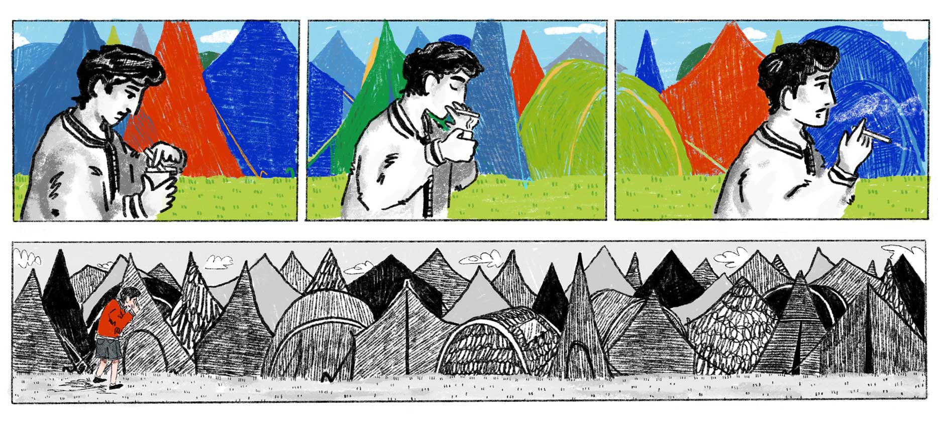 A four paneled digitally drawn comic. A dark haired man is lighting a cigarette as he walks past multi-coloured tents. 