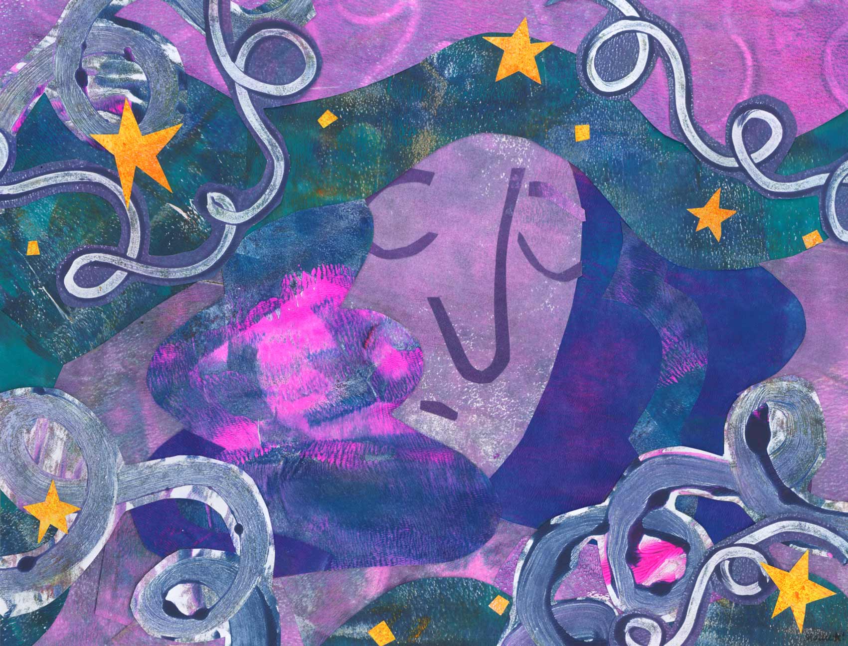 A collage of gelli printed paint textures create an image of a sleeping woman in space.