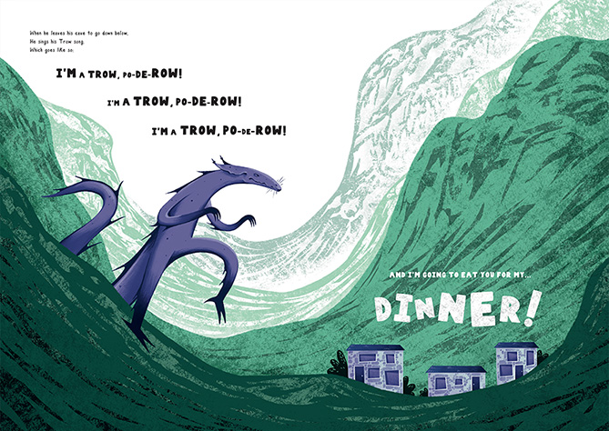 A purple monster sneaking through a glen towards houses.