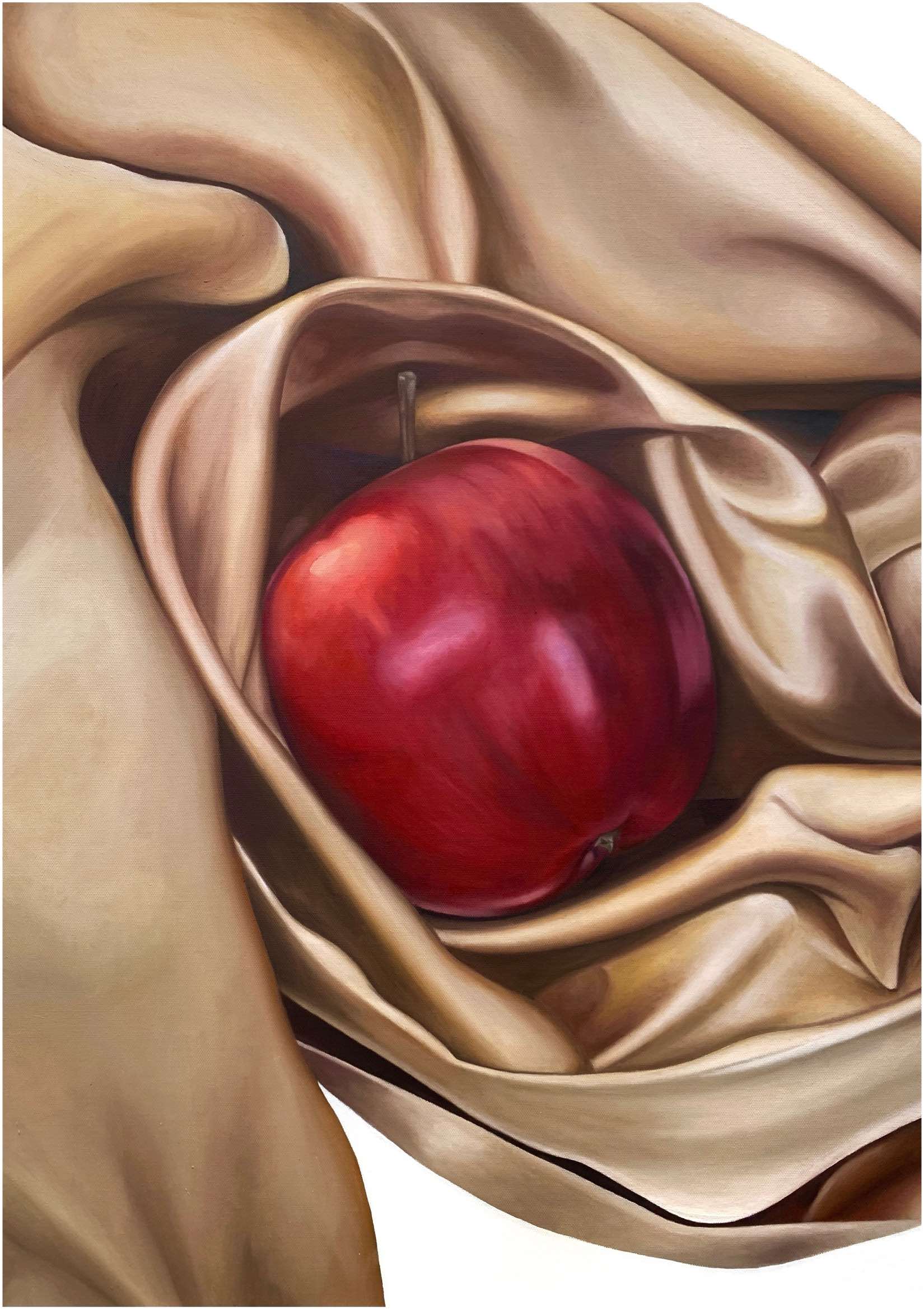 Painting of a red apple wrapped in golden fabric.