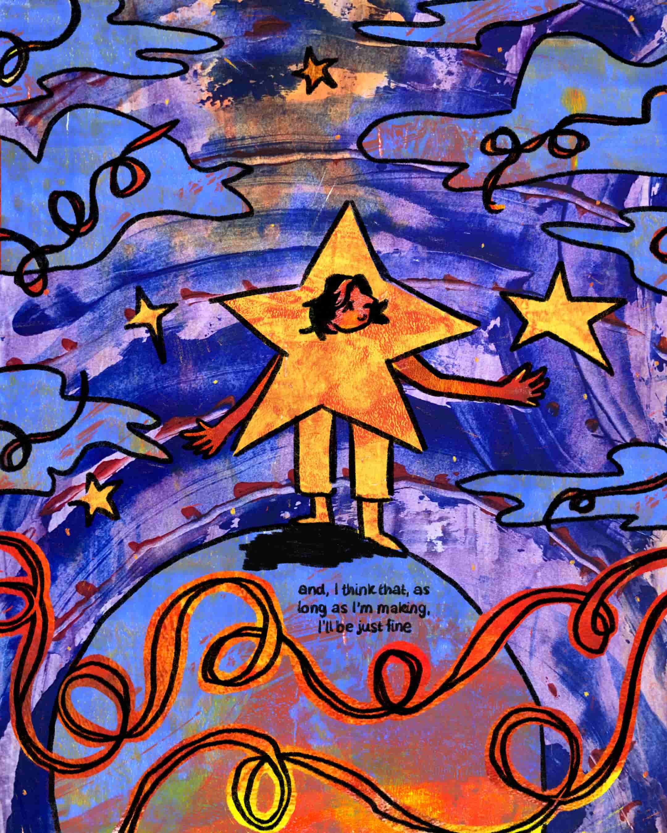 A digital collage of different paint textures, a figure in the shape of a star holds a hand out to the other stars.