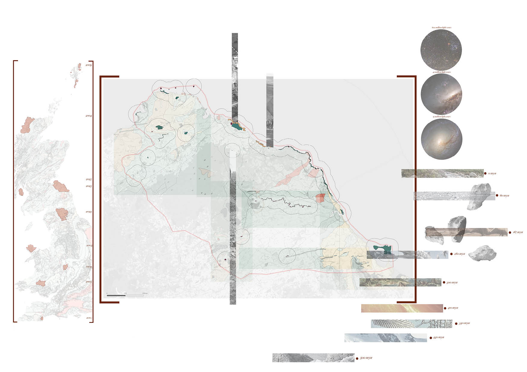 Geospatial map collage showing layered land use, geological zones, and proposed site interventions across a coastal region. Insets include UK-wide context maps, astronomical imagery, rock samples, and vertical site section strips, suggesting a conceptual link between earth and cosmos