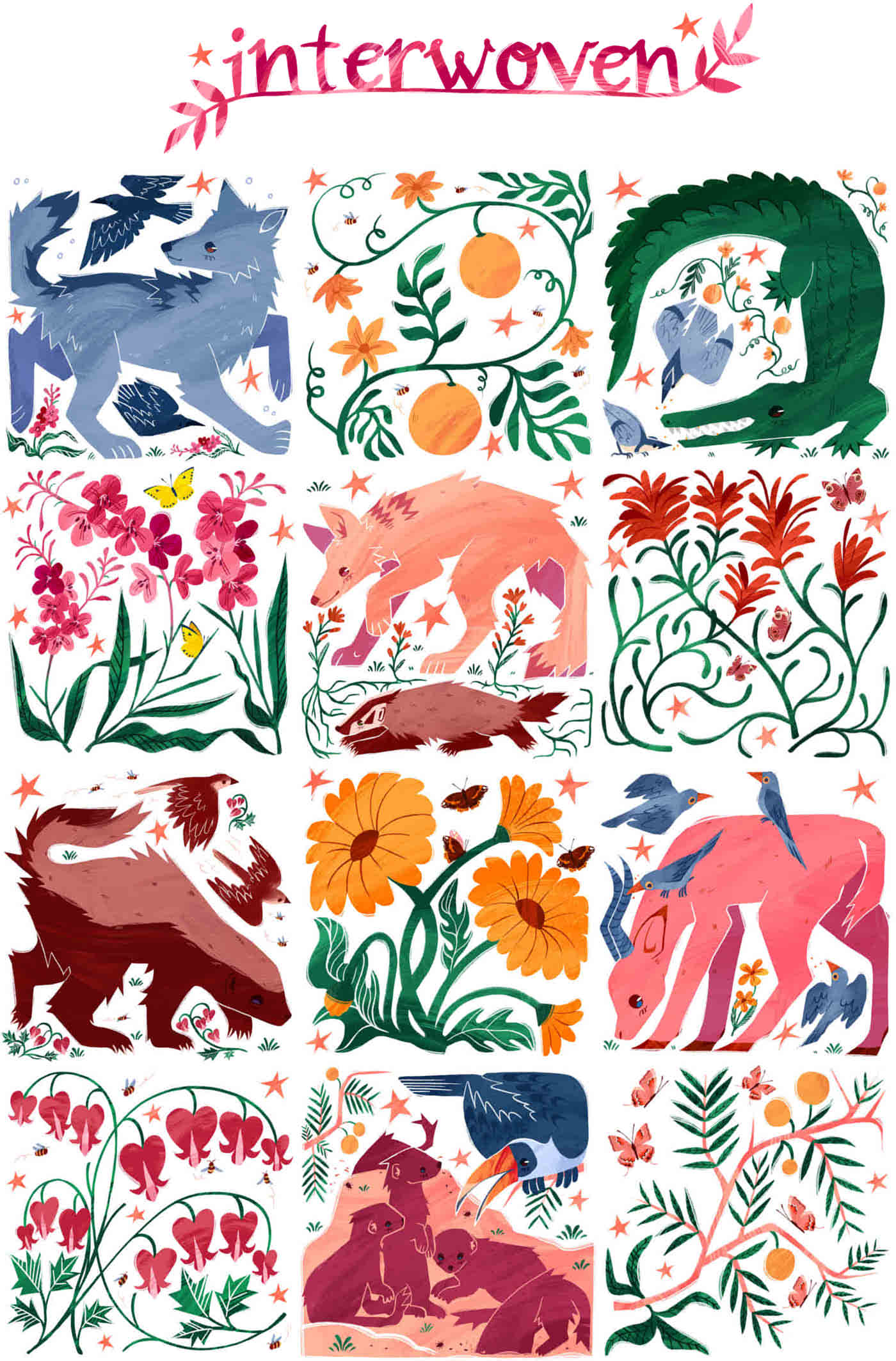 A collection of illustrative tiles showcasing different animal symbiotic relationships.