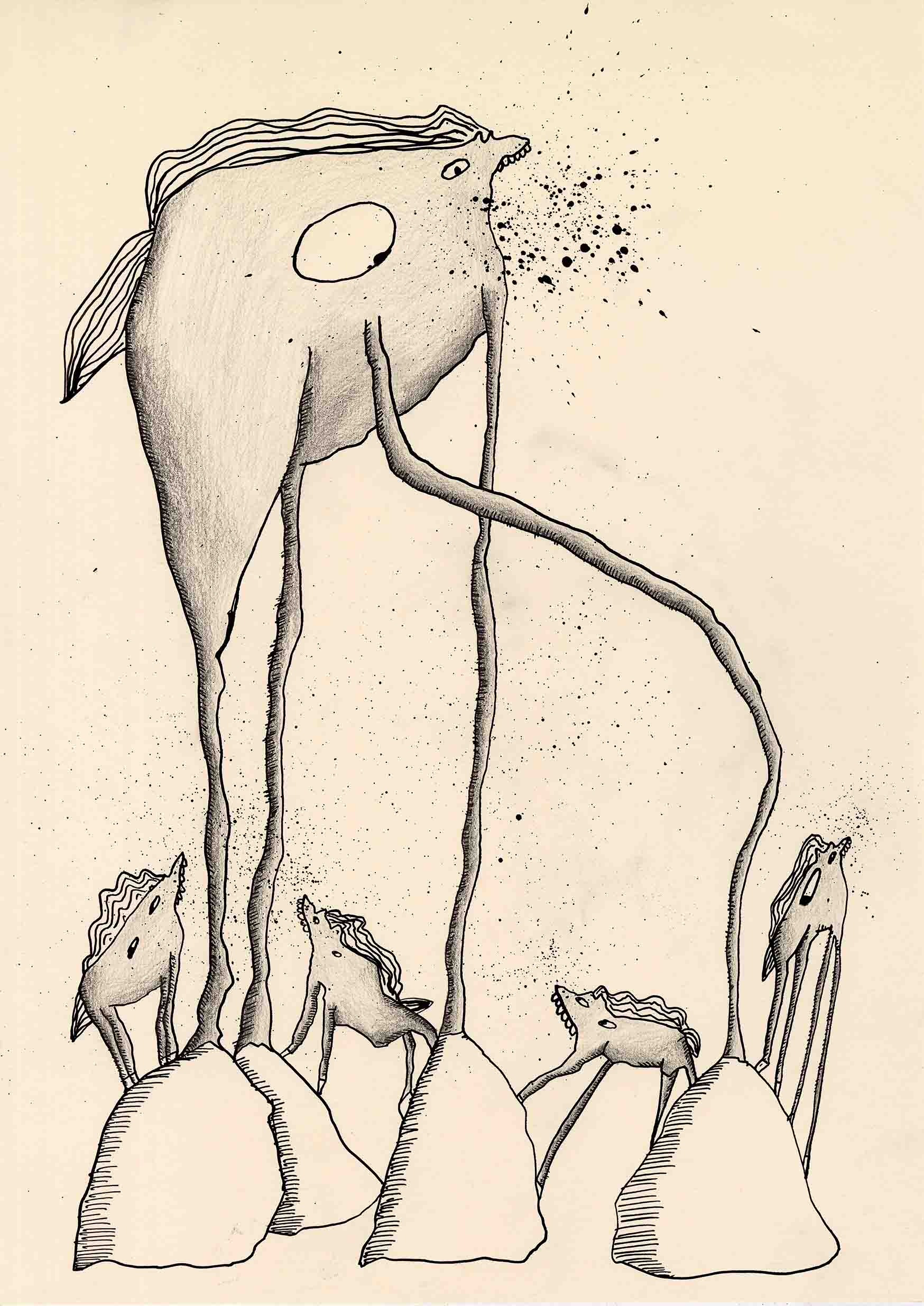 Many smaller horses climb onto the giant hoofs of a larger horse.