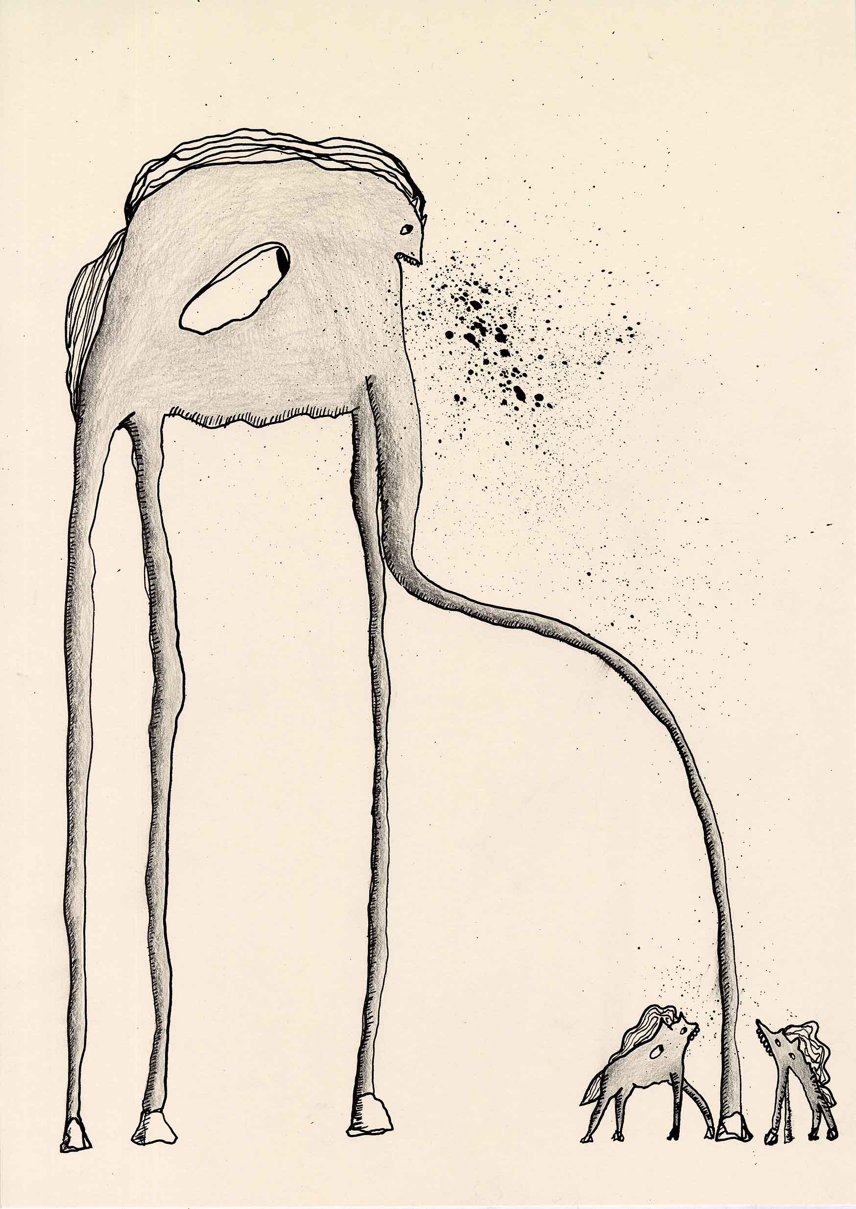 A large horse offers its hoof to two smaller horses.