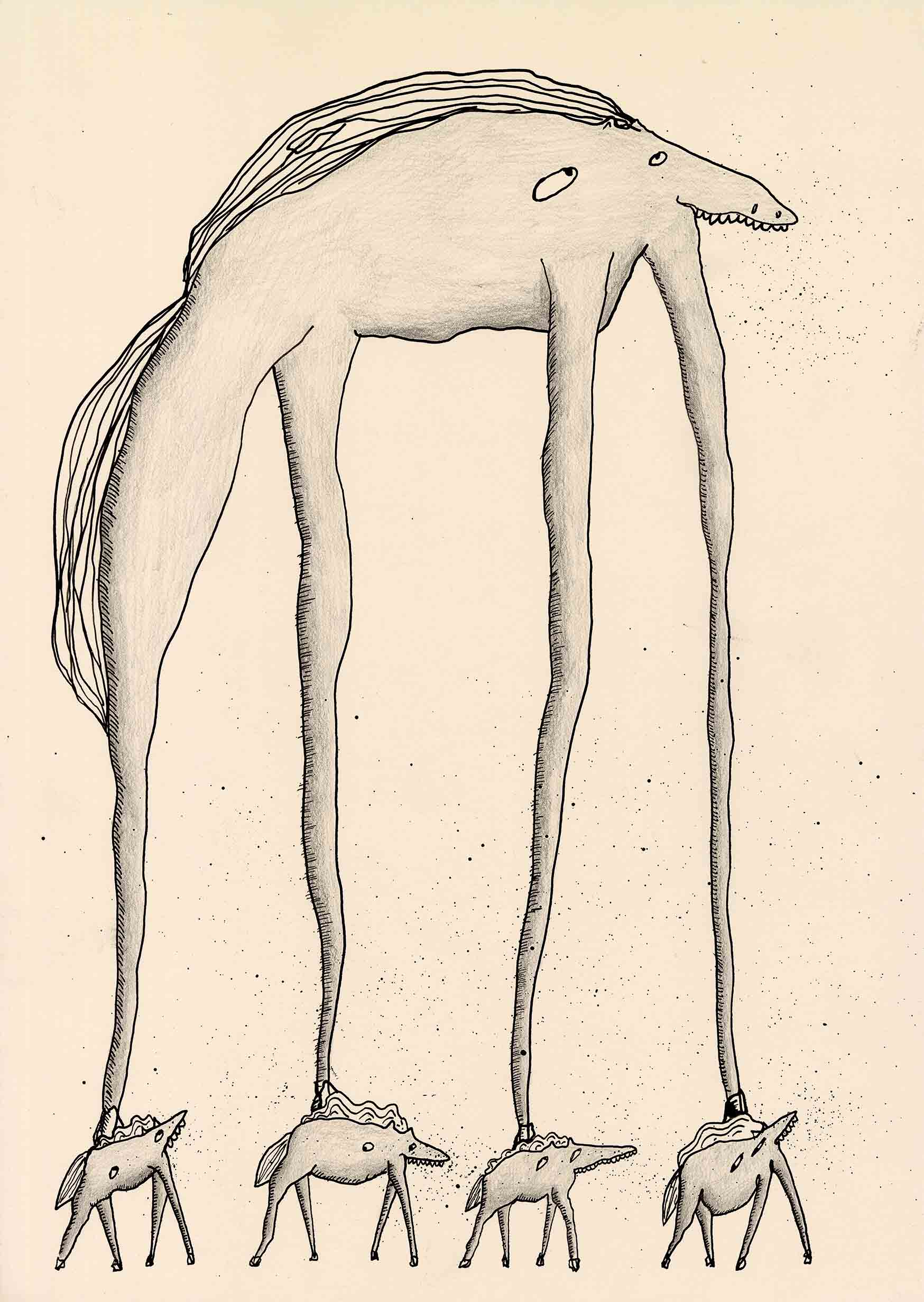 It's a horse being carried by 4 smaller horses.