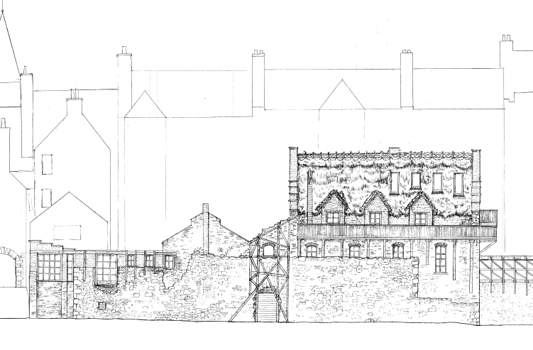 Existing remains of New Street fabrics are extended with rammed earth and timber structure, capped with heather thatched roof.