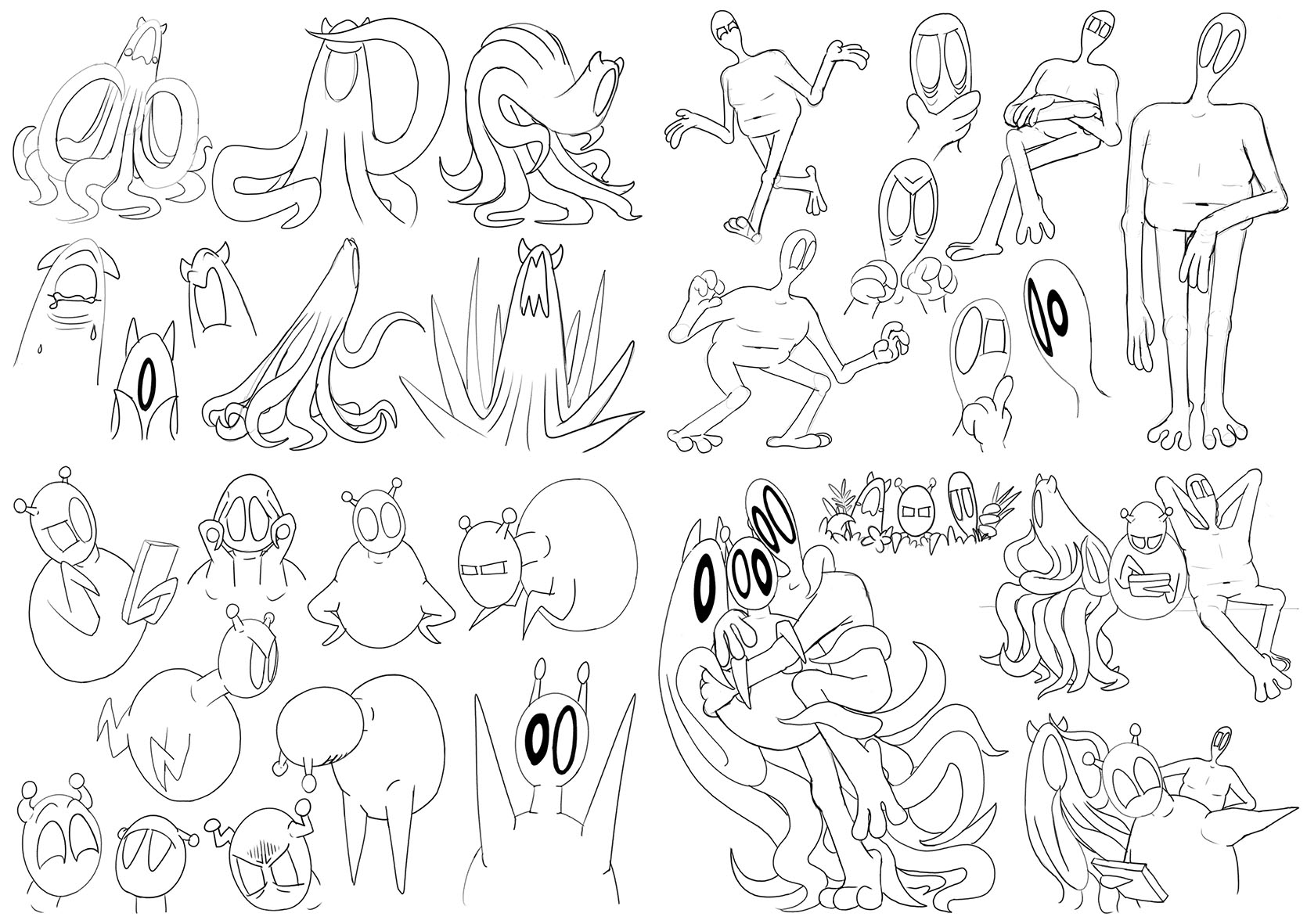 A page filled with various poses and expressions from the 3 Alien characters