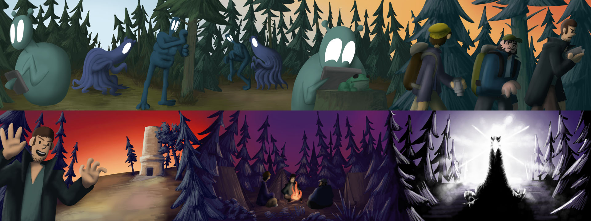 A sequence of rendered storyboard panels demonstrating the final look of the film