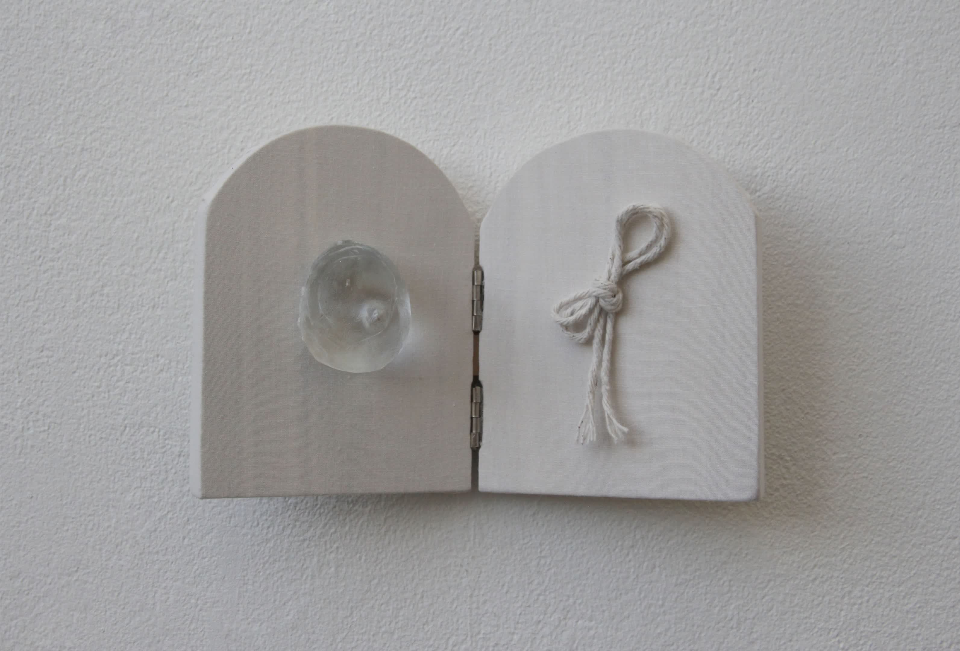 'Blushing bride' (2026), Glass, cord, cotton, wood, 16cm x 12cm