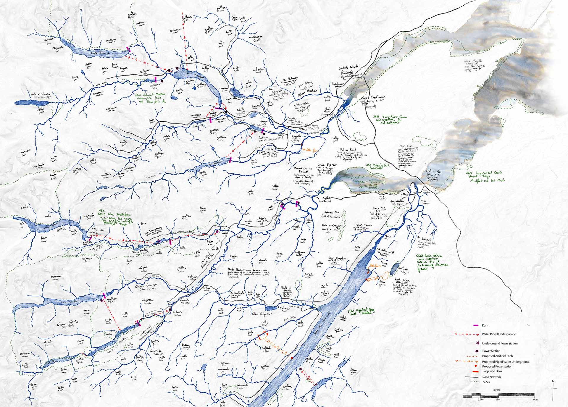 Mixed media plan of the watersheds of the rivers Beauly, Conon and Ness with gaelic place names with translation and hydroelectric infrastructure