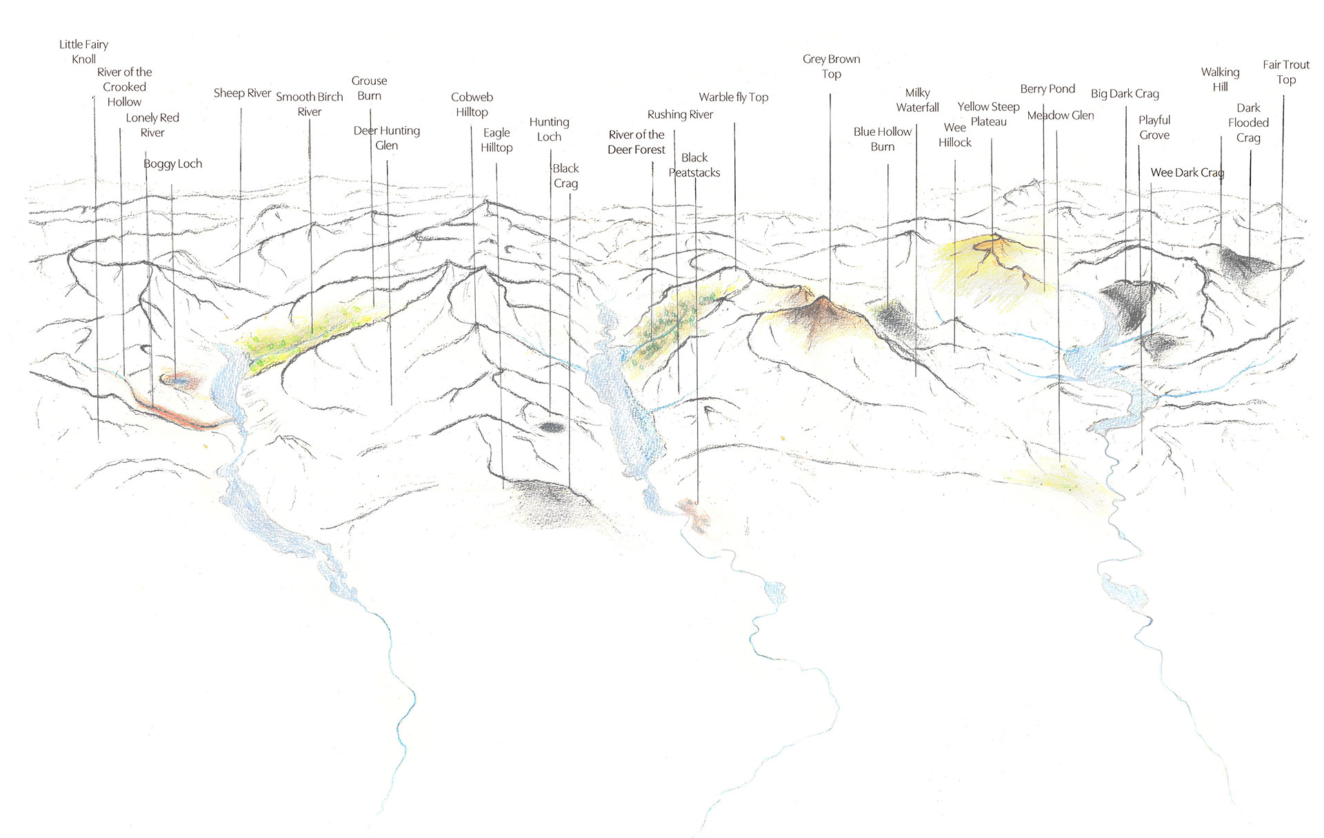 Axonometric pencil and coloured pencil drawing of Glen Affric, Glen Cannich and Strathfarrar with gaelic place name labels and interpretations