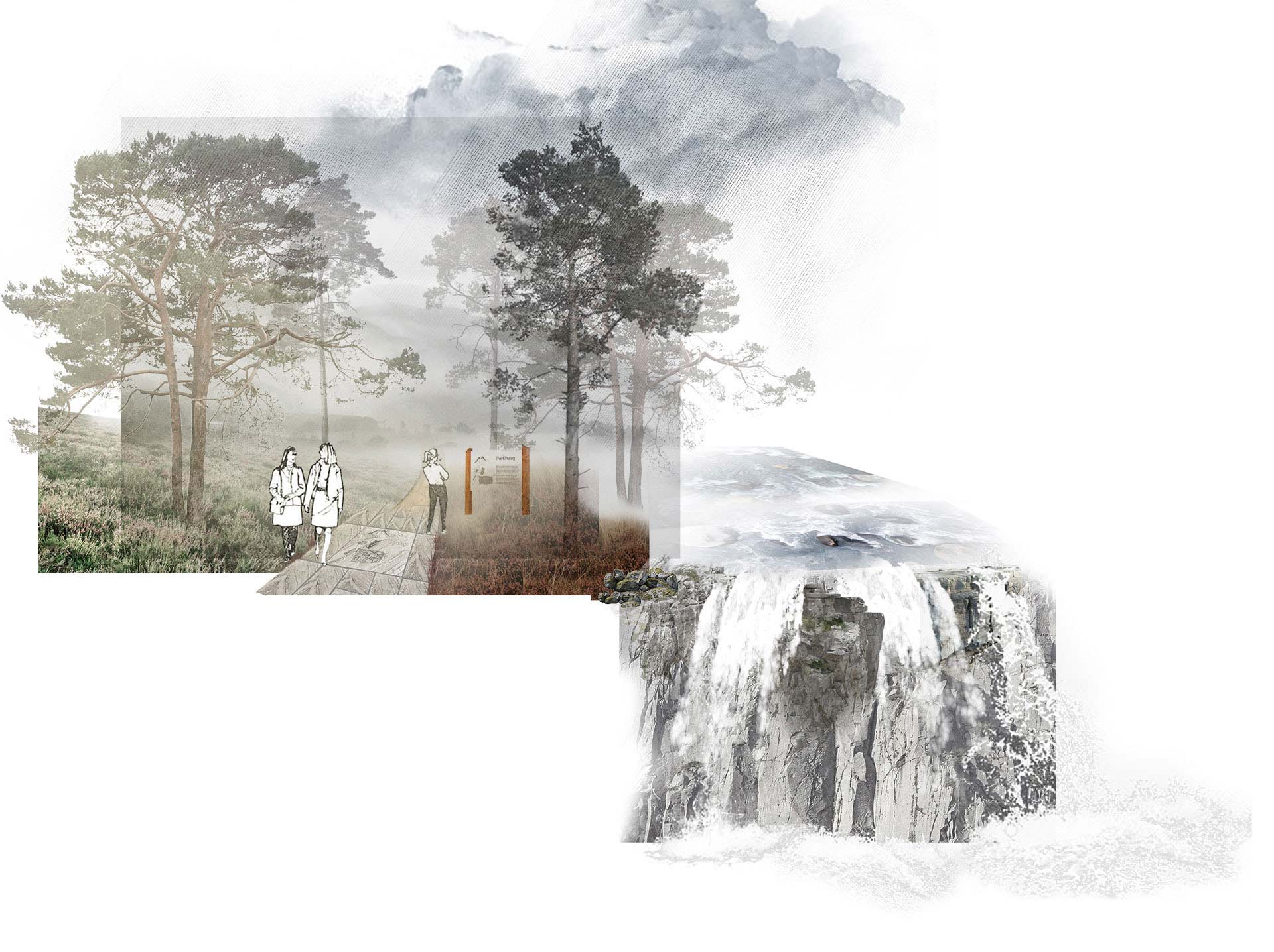 Digital collage, visualisation of a path next to a waterfall