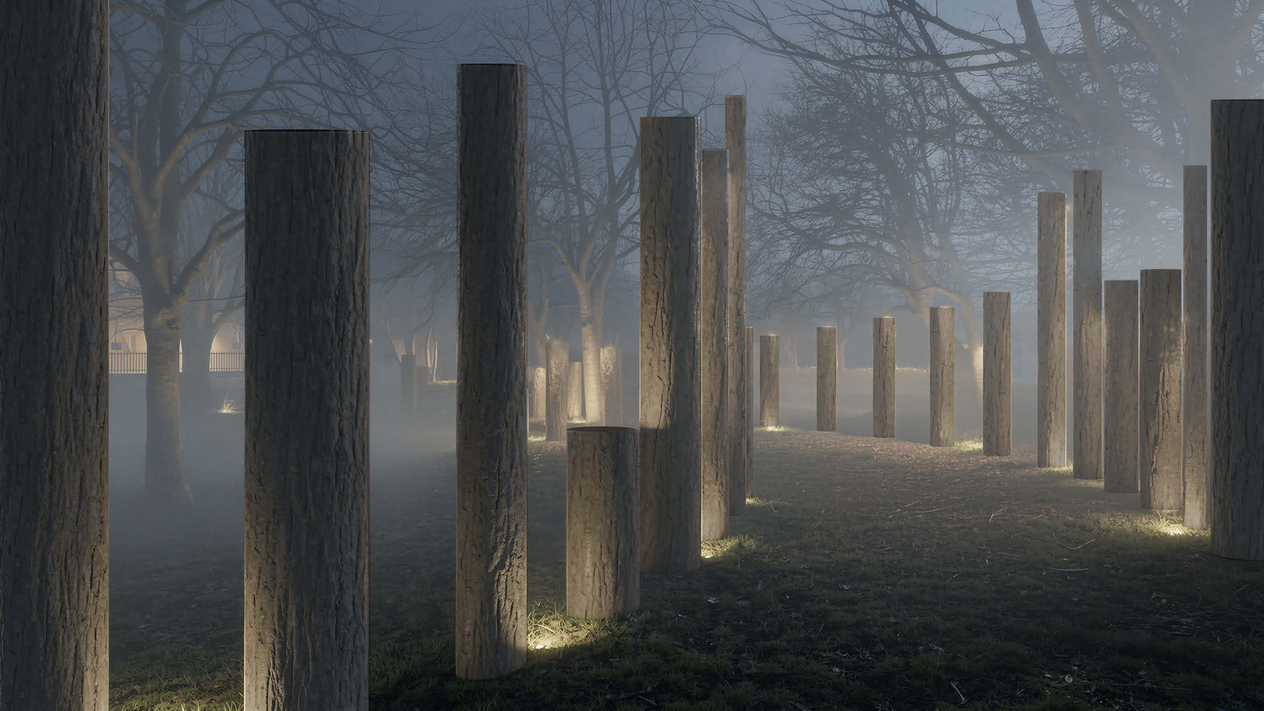  Close perspective moving through the timber post system at night. The posts surround the viewer at different distances, their bark textures highlighted by low-angle uplighting. The mist softens the boundaries of the space, creating an immersive atmospheric quality.